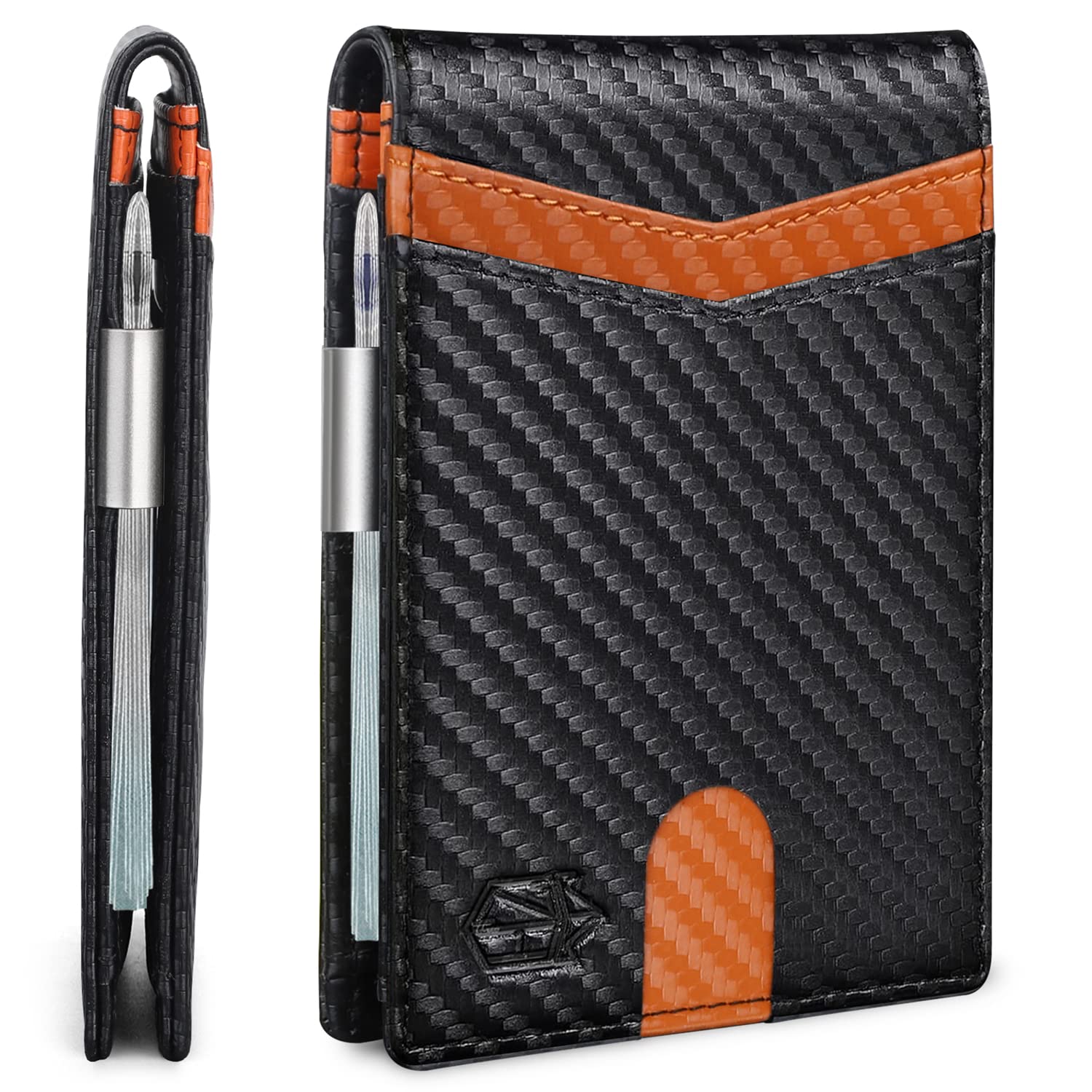 Craques slim RFID wallet for men in black carbon fiber texture with orange accents and pen holder