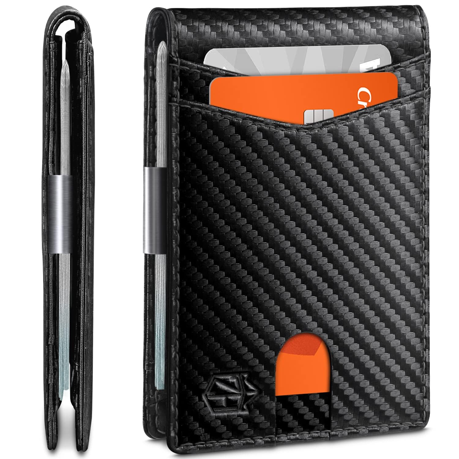Craques slim RFID wallet for men in black carbon fiber texture with card slots and metal money clip