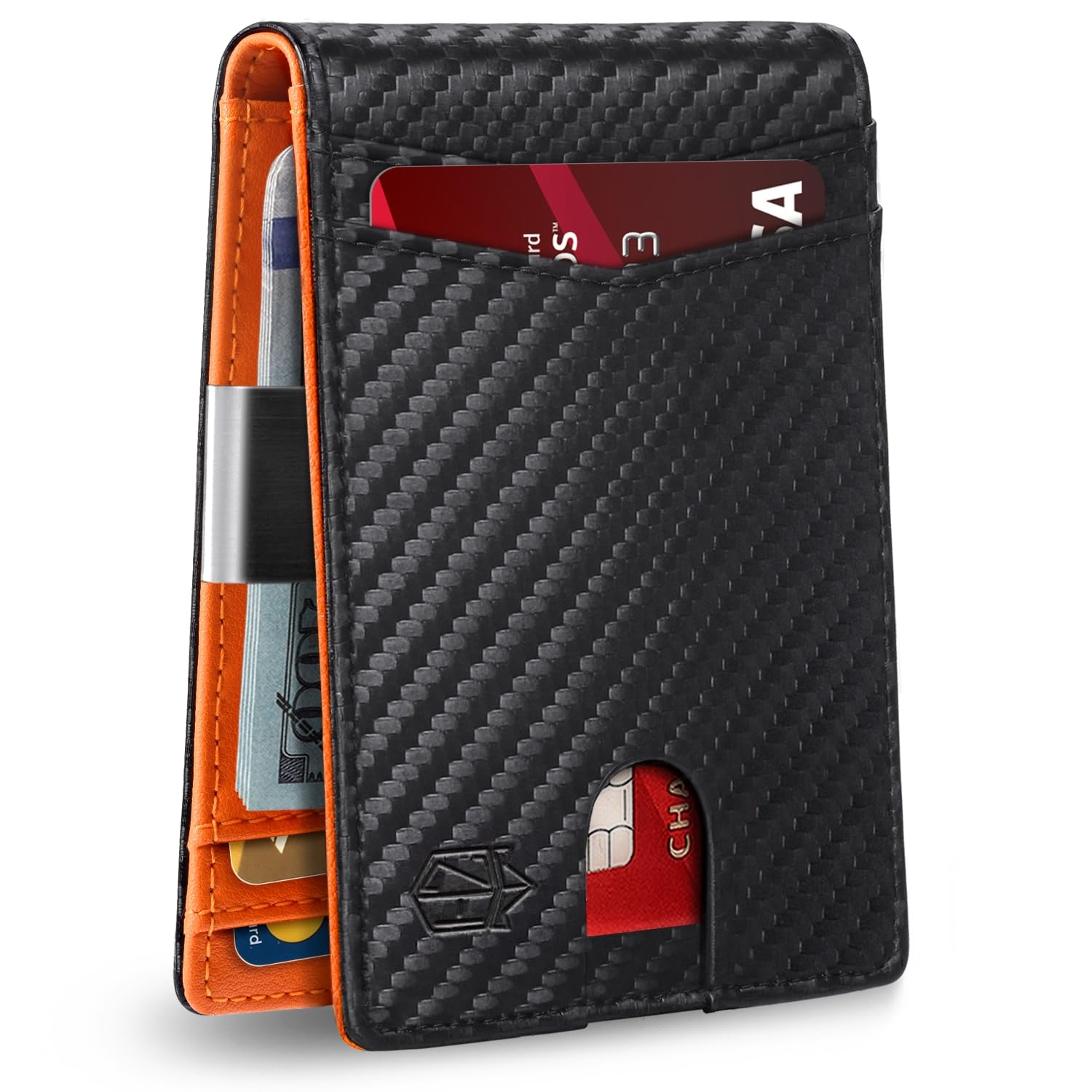 craques slim RFID wallet for men in black carbon fiber texture with orange interior and multiple card slots