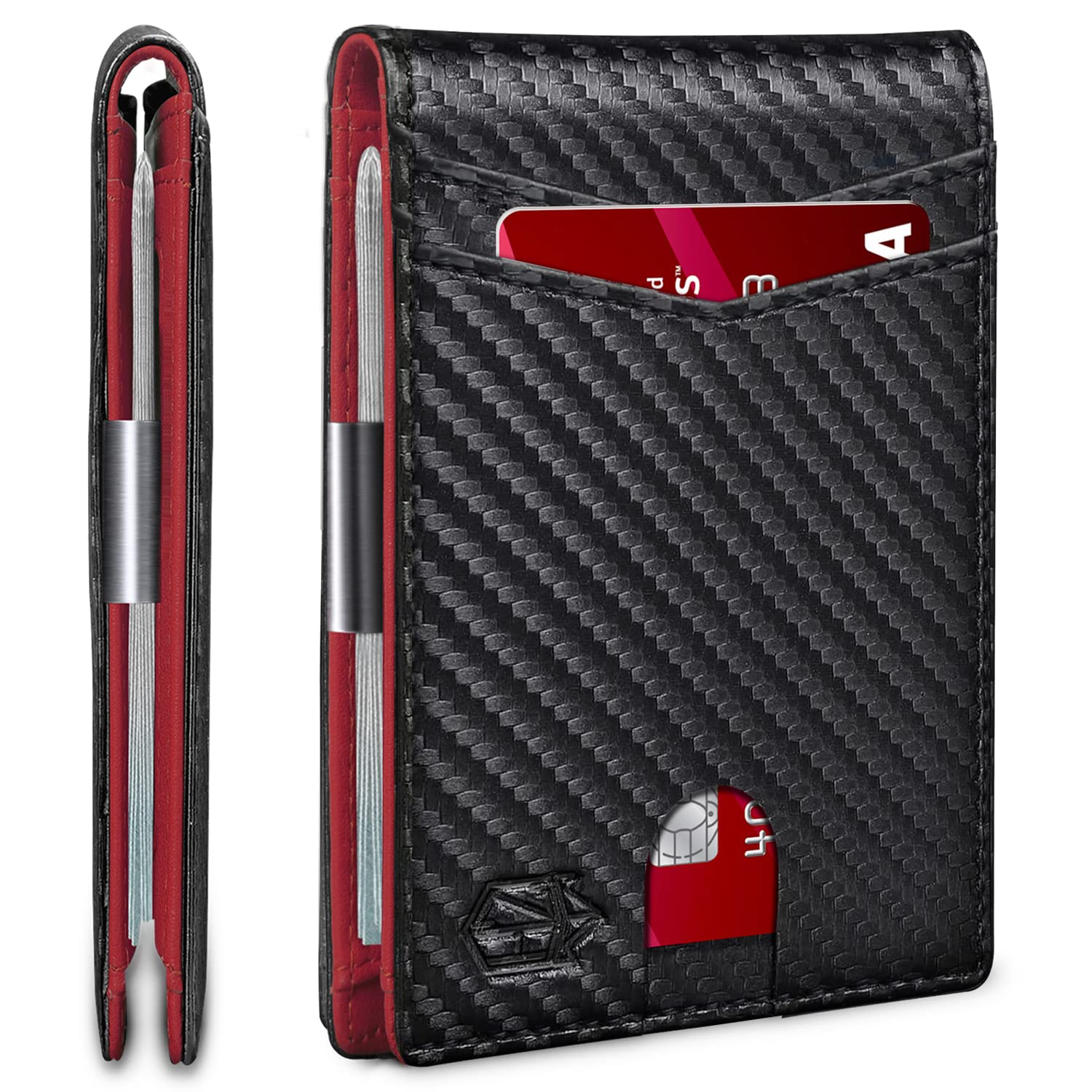 craques slim RFID wallet for men in black carbon fiber with red interior and card slots