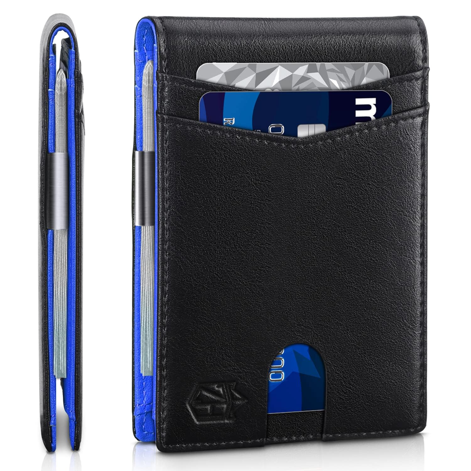 Black slim RFID wallet for men by craques with card slots and blue interior lining
