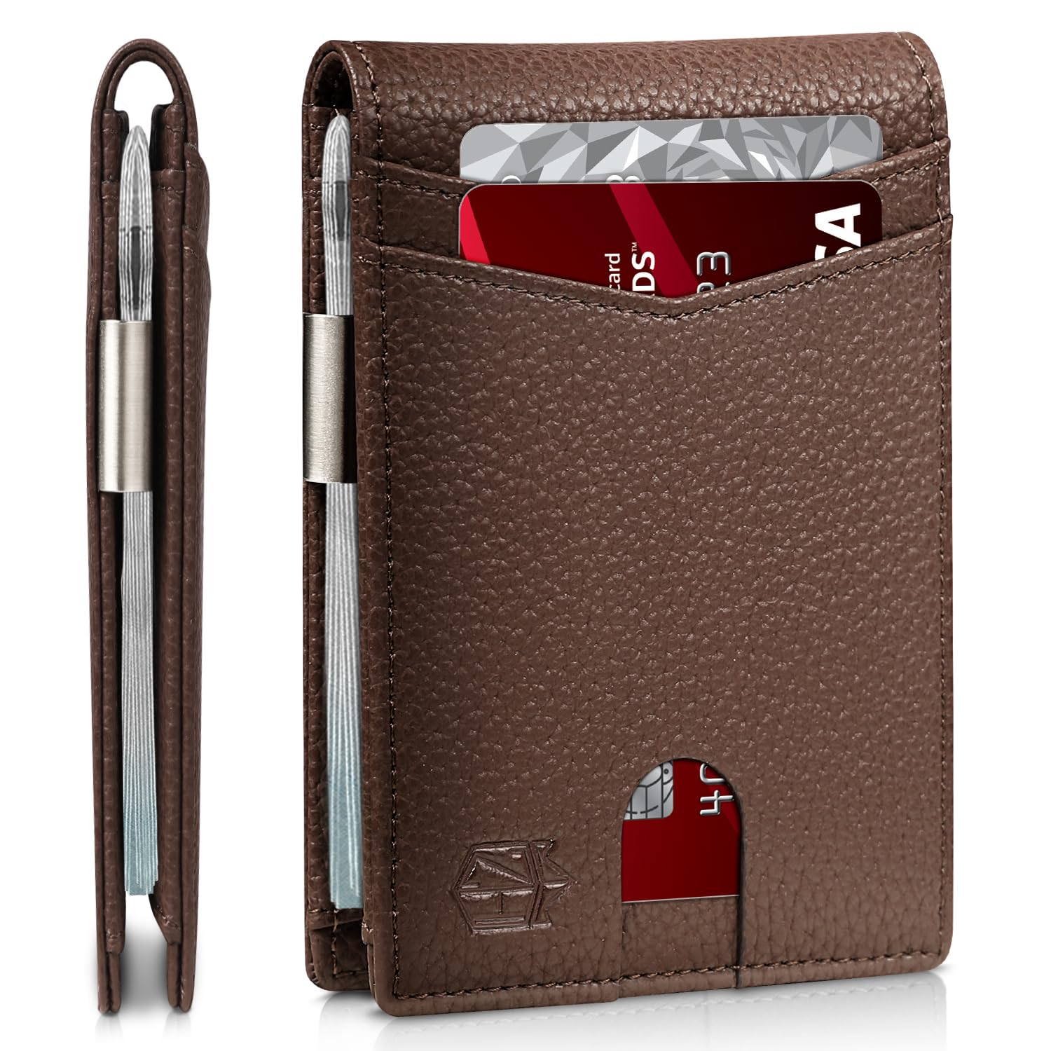 Brown leather slim RFID wallet for men by craques with multiple card slots and money clip