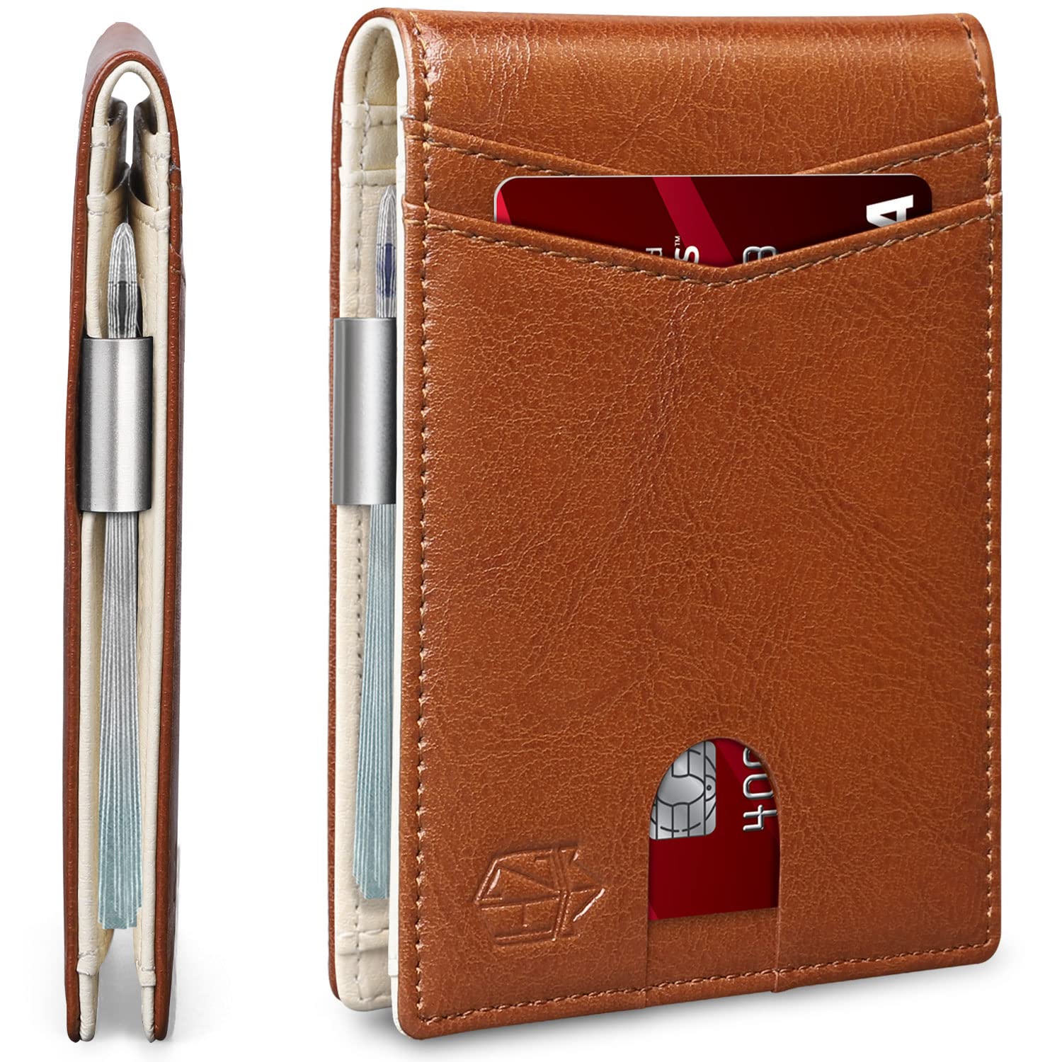 Brown slim RFID wallet for men by craques with card slots and money clip in leather