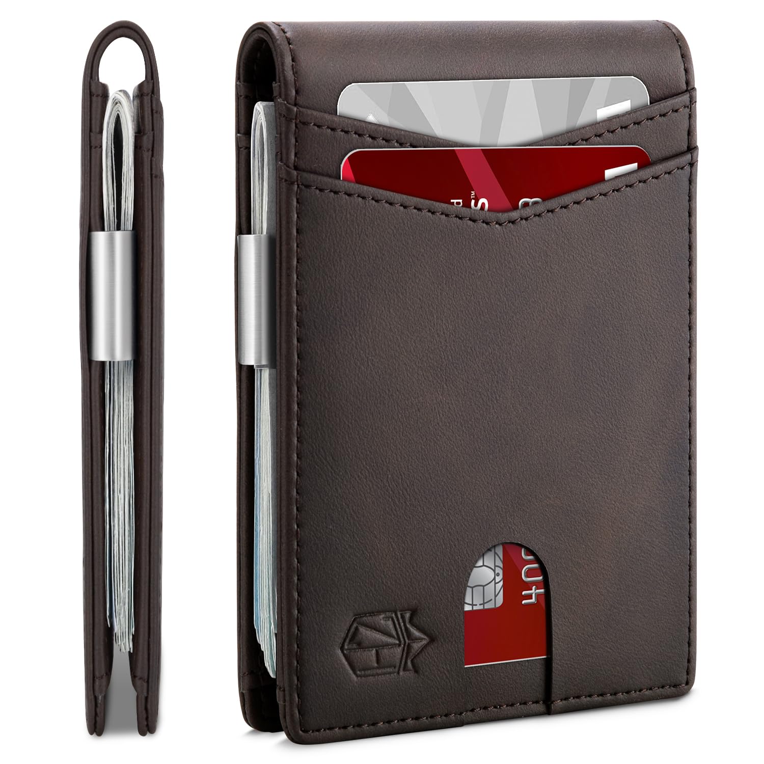 Craques slim RFID wallet for men in dark brown leather with card slots and money clip