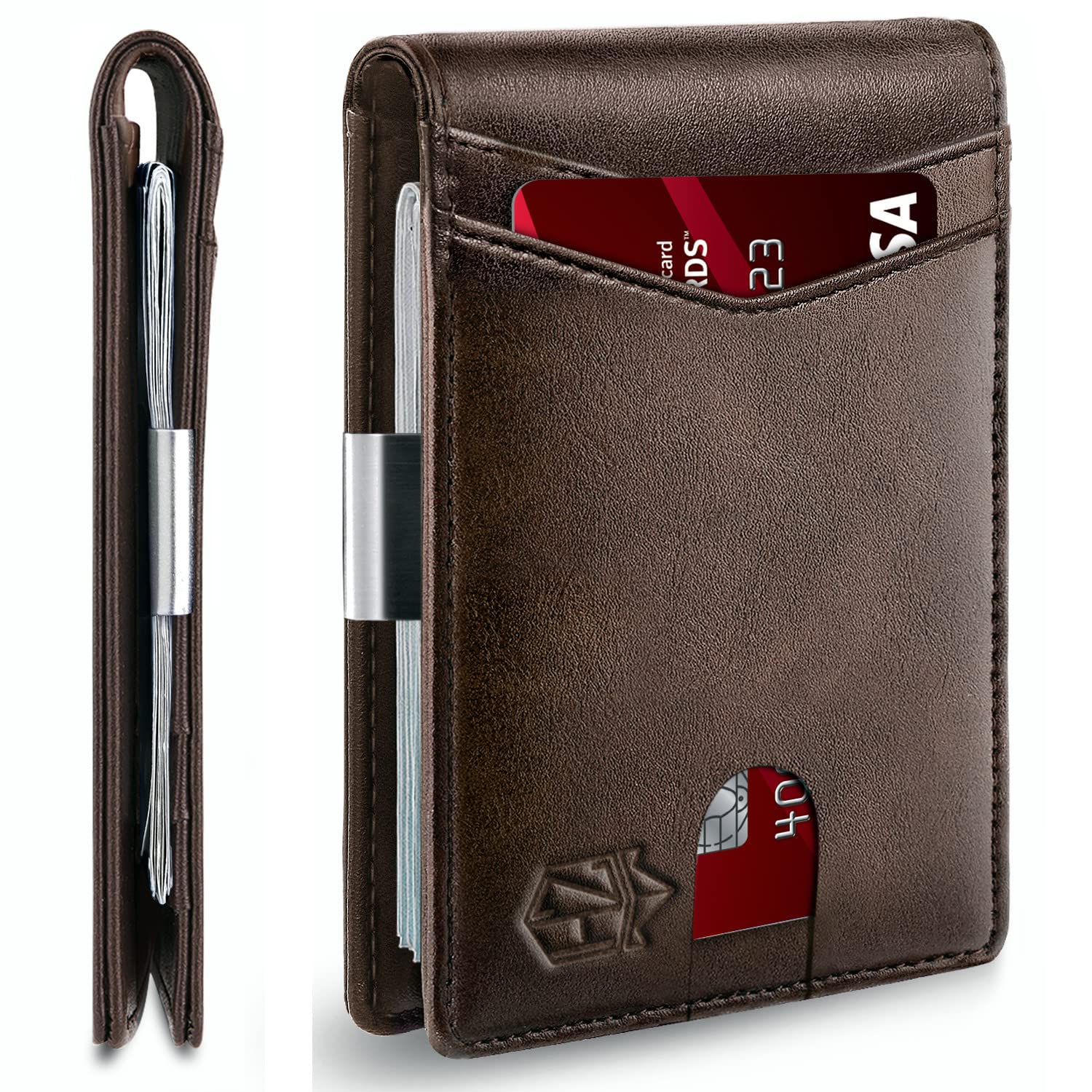Slim RFID wallet for men in brown leather with metal money clip and card slots by craques