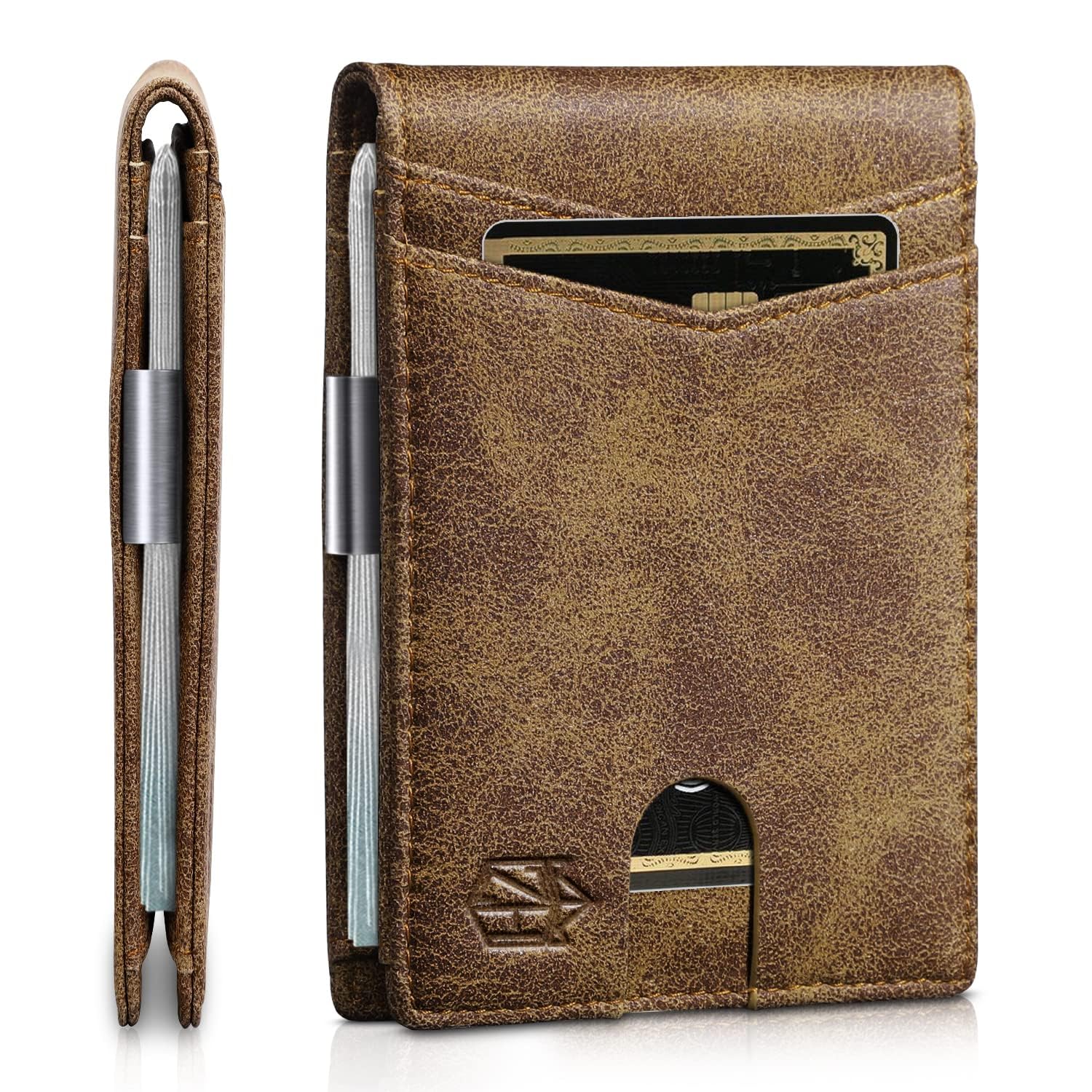 Craques slim RFID wallet for men in distressed brown leather with metal money clip and card slots