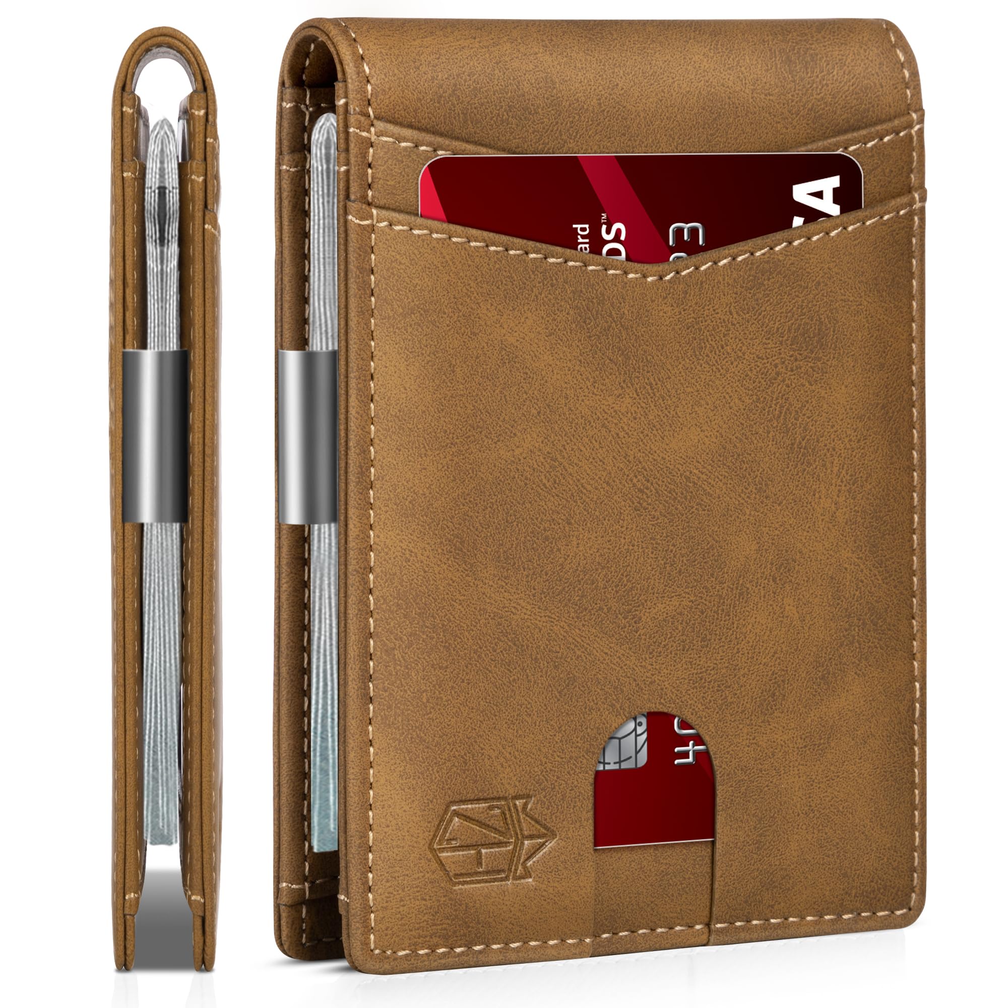 Craques slim RFID wallet for men in brown leather with card slots and metal money clip