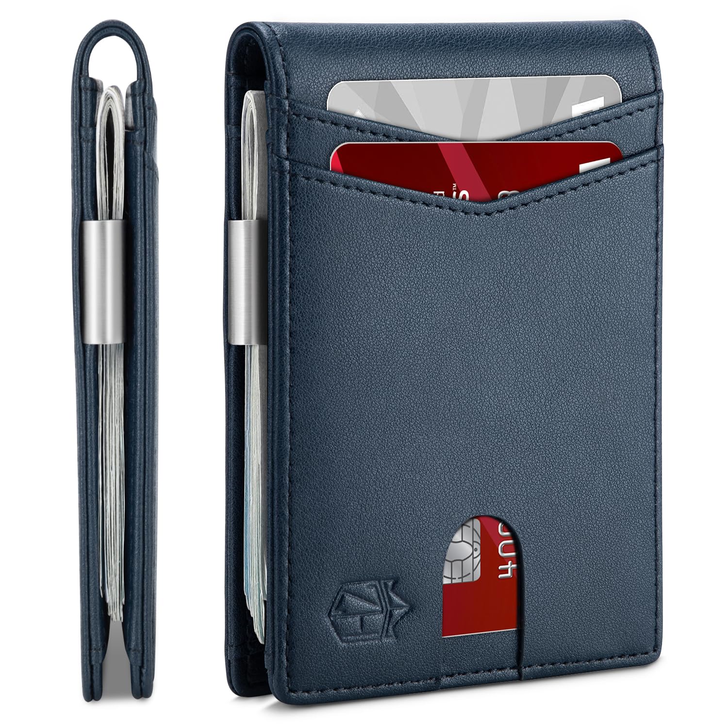 Craques slim RFID wallet for men in dark blue leather with card slots and money clip
