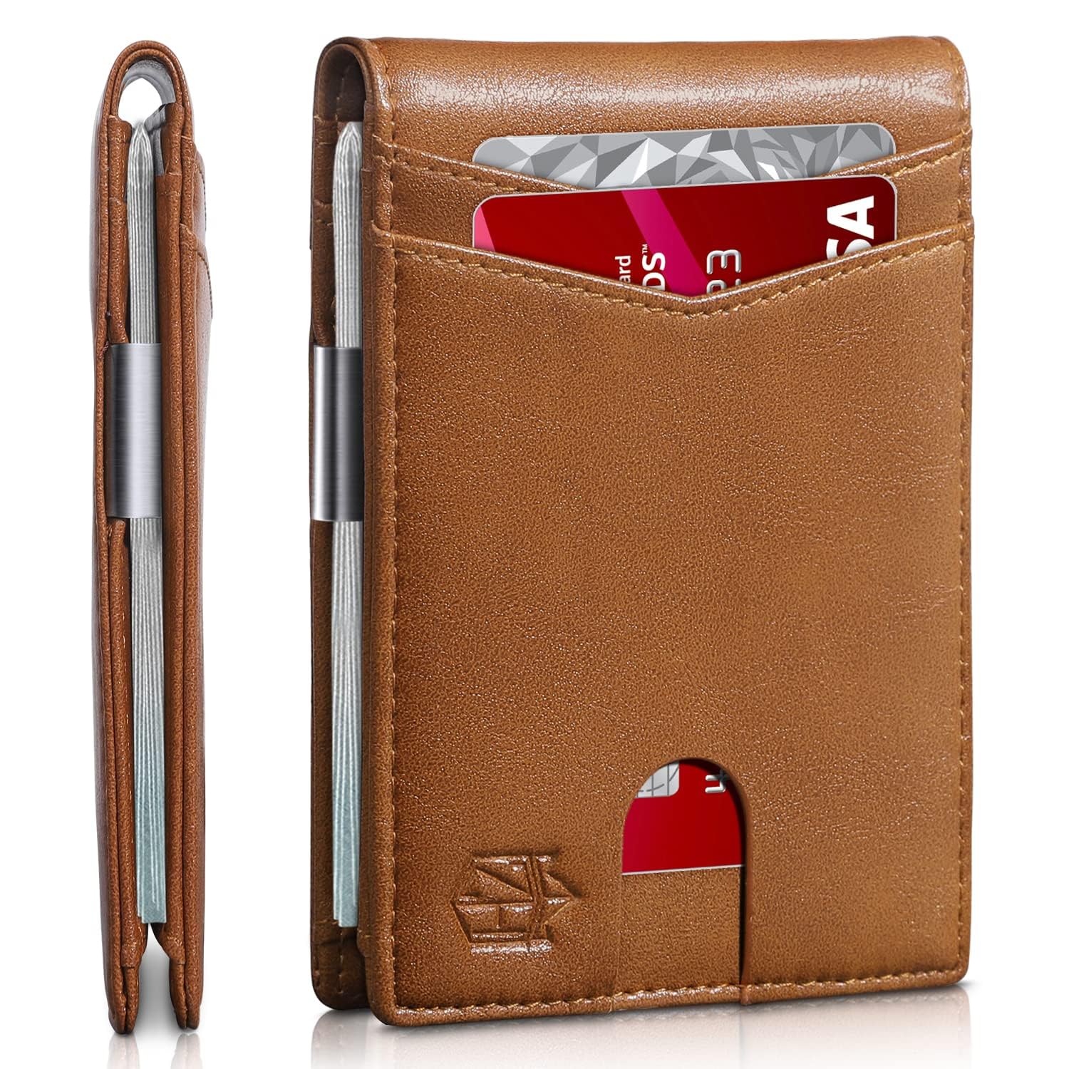craques slim RFID wallet for men in brown leather with card slots and metal money clip