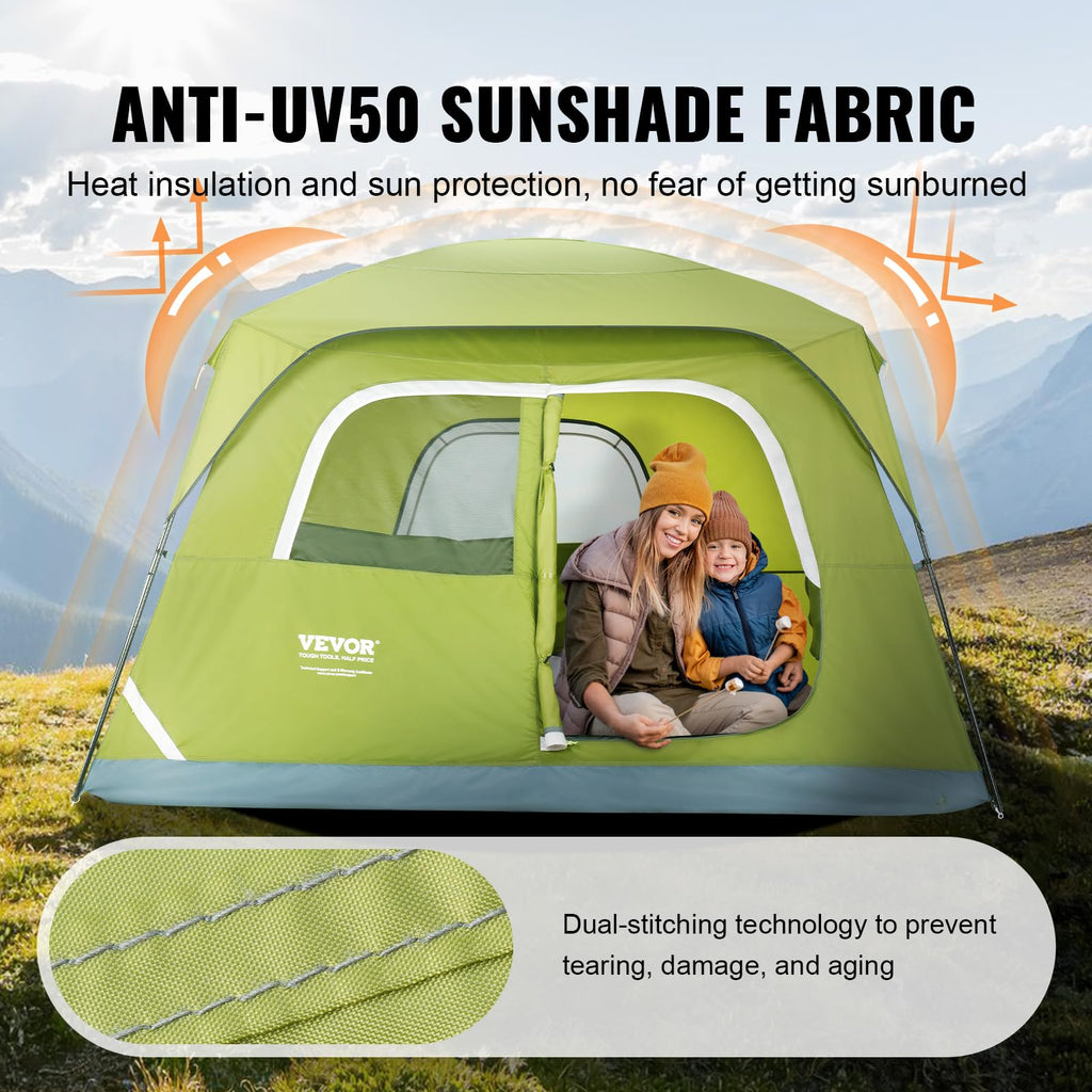 Green craques camping tent with anti-UV50 sunshade fabric showing two people inside the best camping tent for 4 people