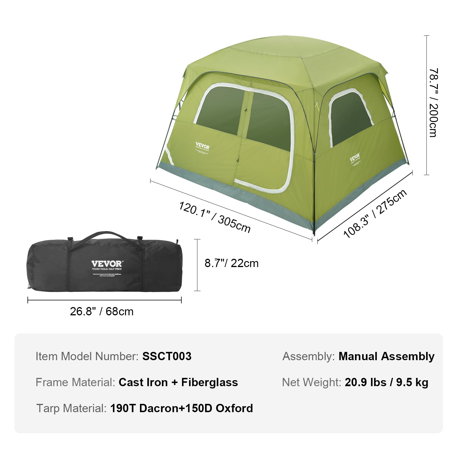 Craques green camping tent with cast iron and fiberglass frame, best camping tent for 4 people, includes carrying bag