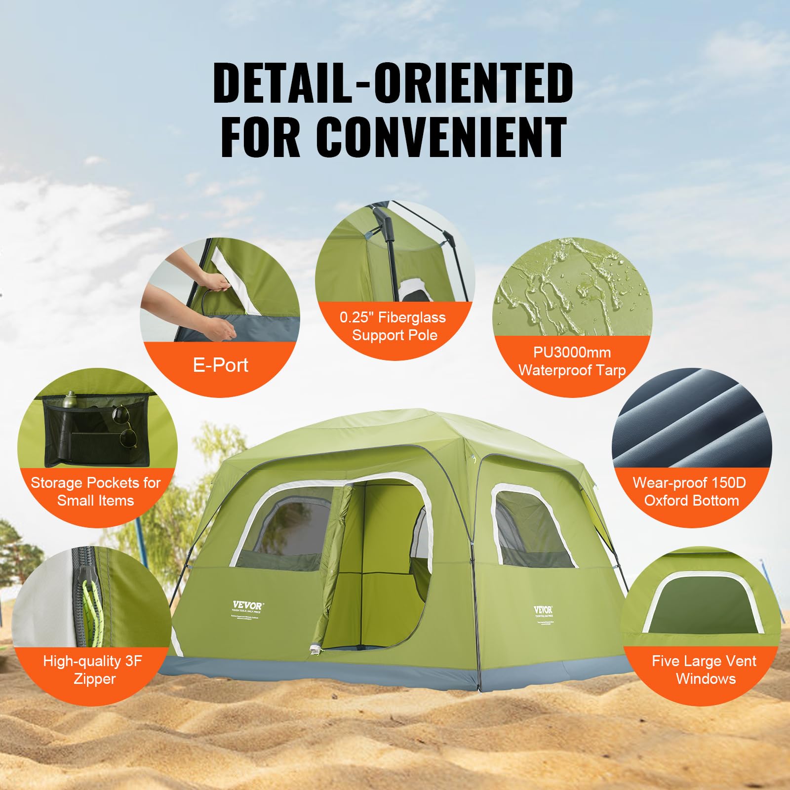 Craques best camping tent for 4 people with waterproof tarp, fiberglass pole, vent windows, and storage pockets