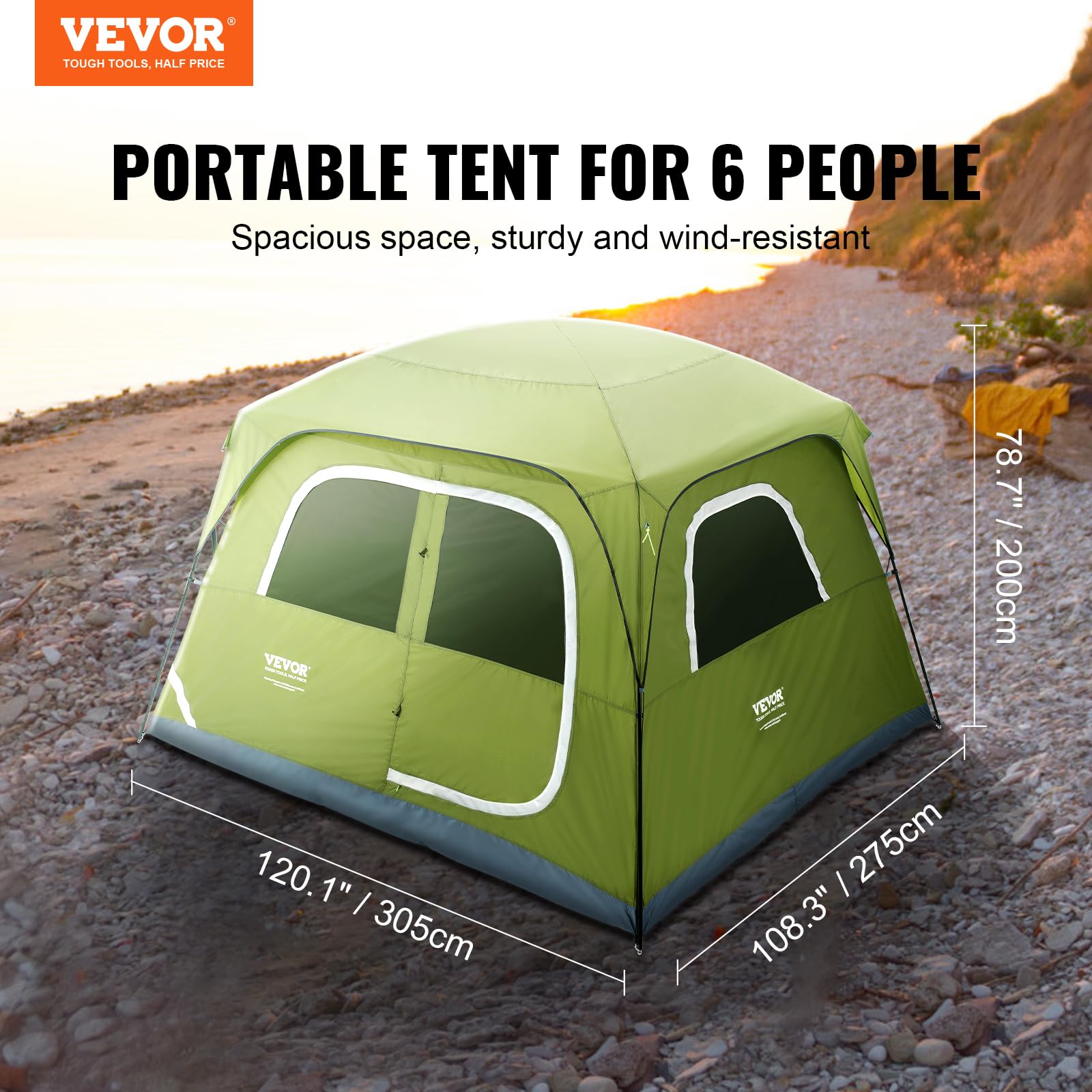 Green Vevor portable camping tent on rocky beach at sunset measuring over 10 feet wide best camping tent for 4 people