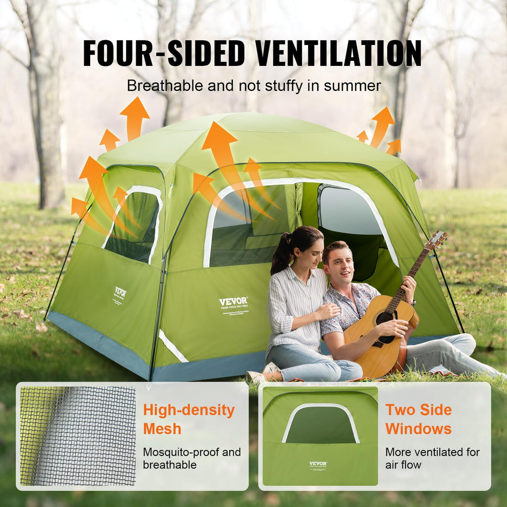 Green camping tent with four-sided ventilation and two side windows featuring high-density mesh best camping tent for 4 people