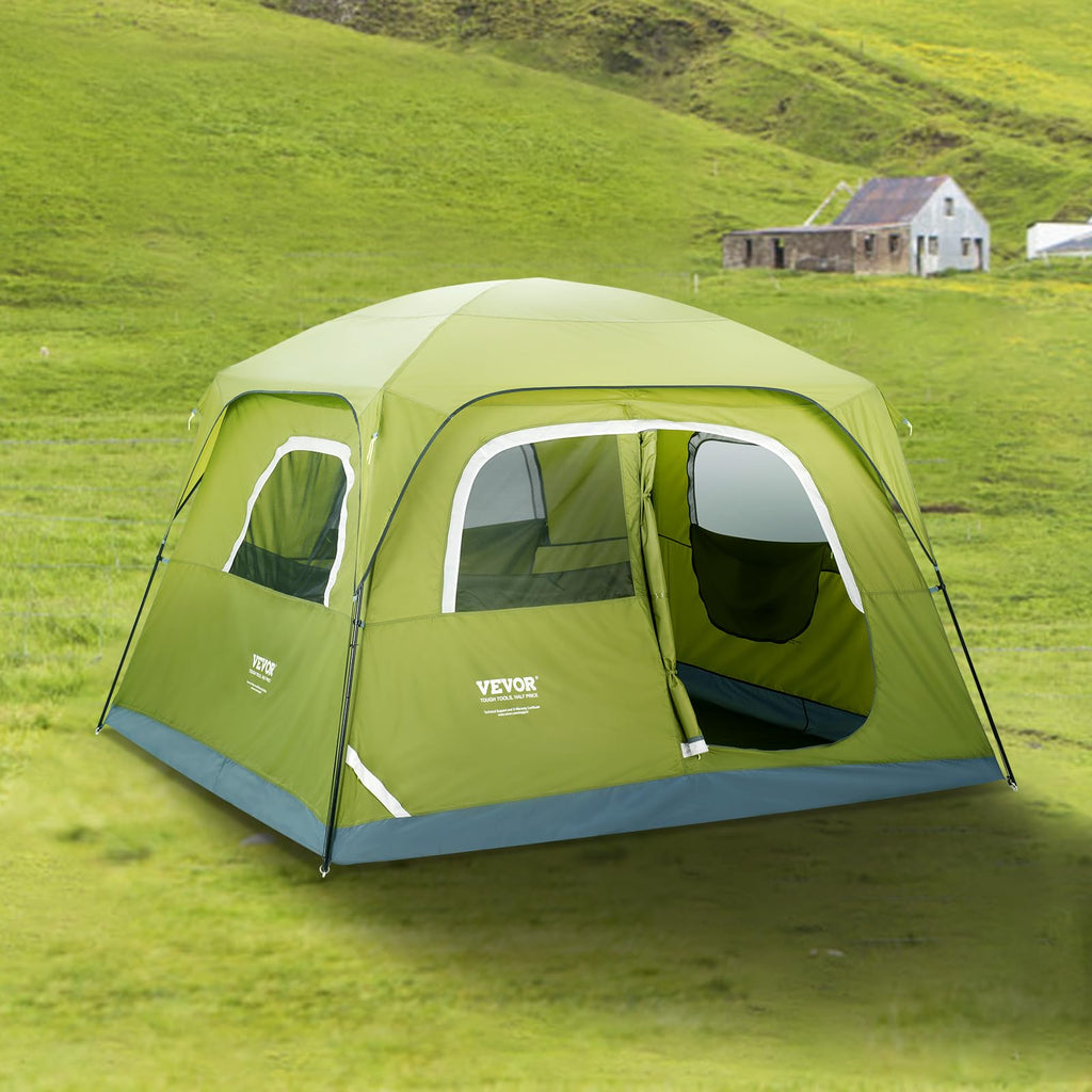 Green craques best camping tent for 4 people set up on grassy hillside with large windows and open door