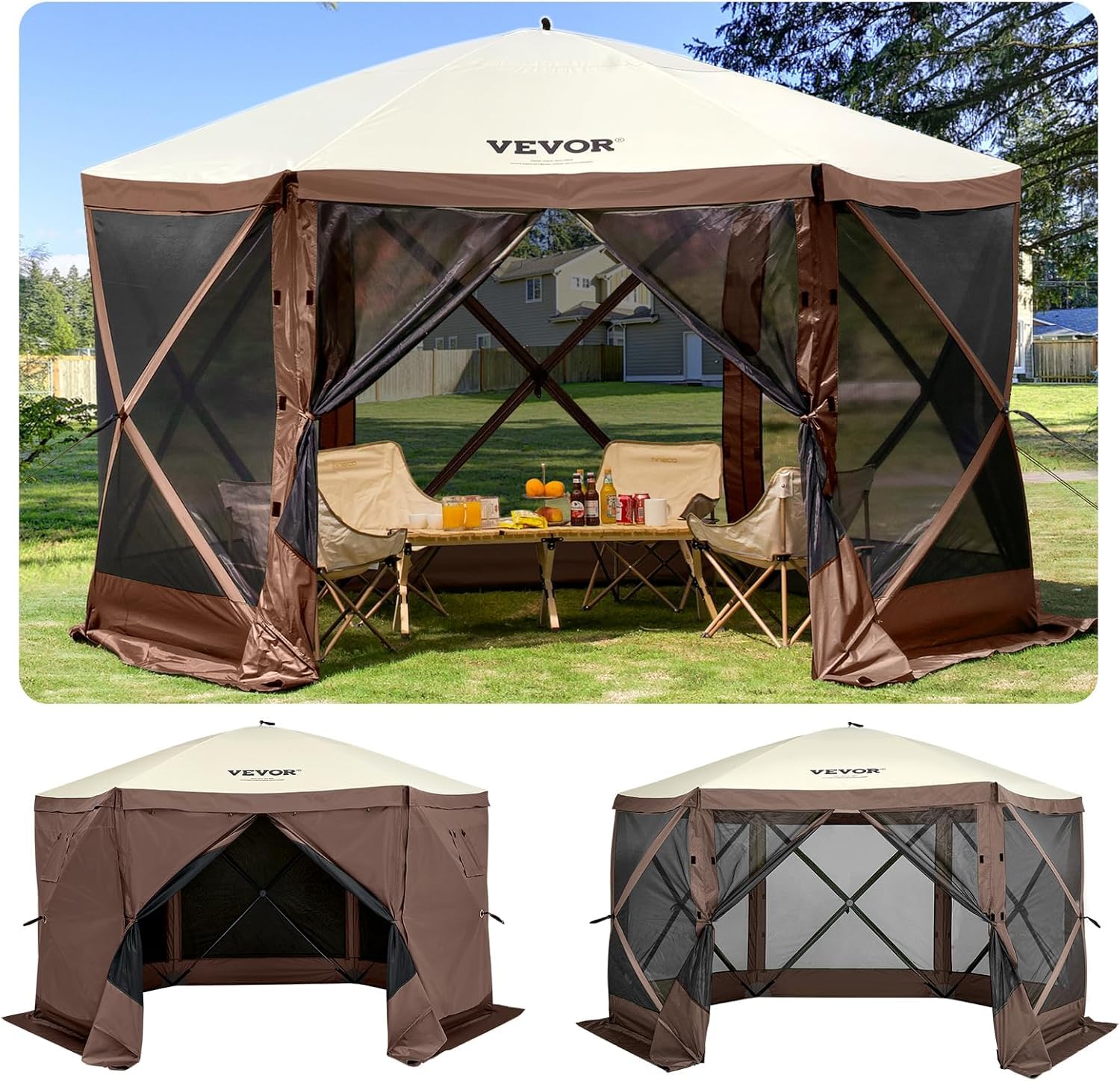 VEVOR camping gazebo tent with mesh sides and brown beige color set up in a backyard with folding chairs and table