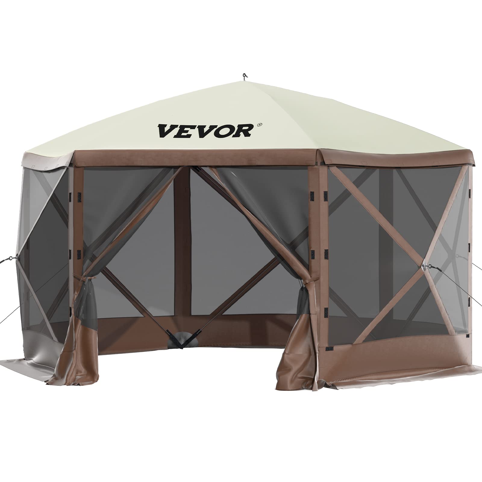VEVOR camping gazebo tent with beige roof and brown frame mesh sidewalls for outdoor protection