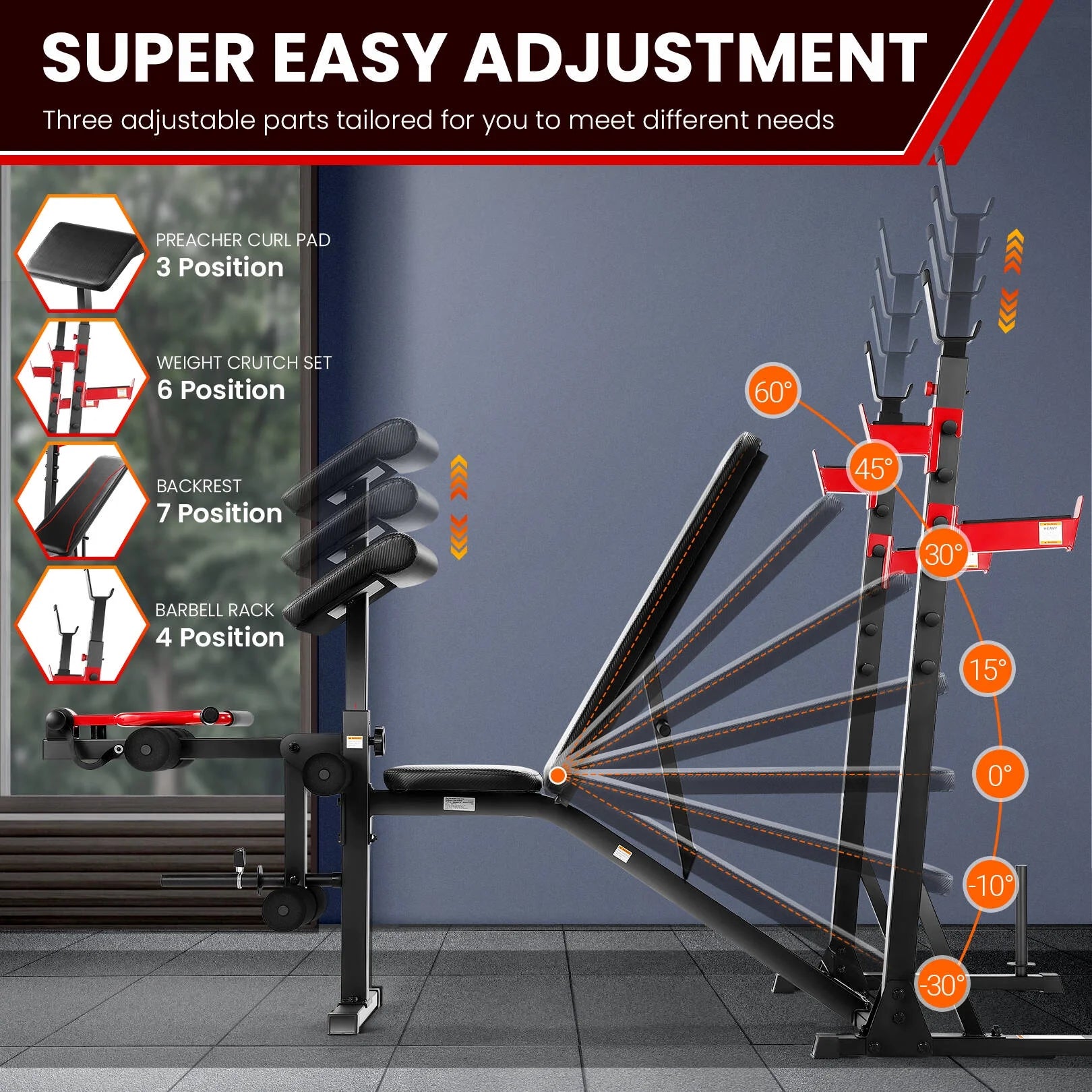 Olympic weight bench set with squat rack by craques showing adjustable positions for preacher curl pad weight crutch backrest and barbell rack