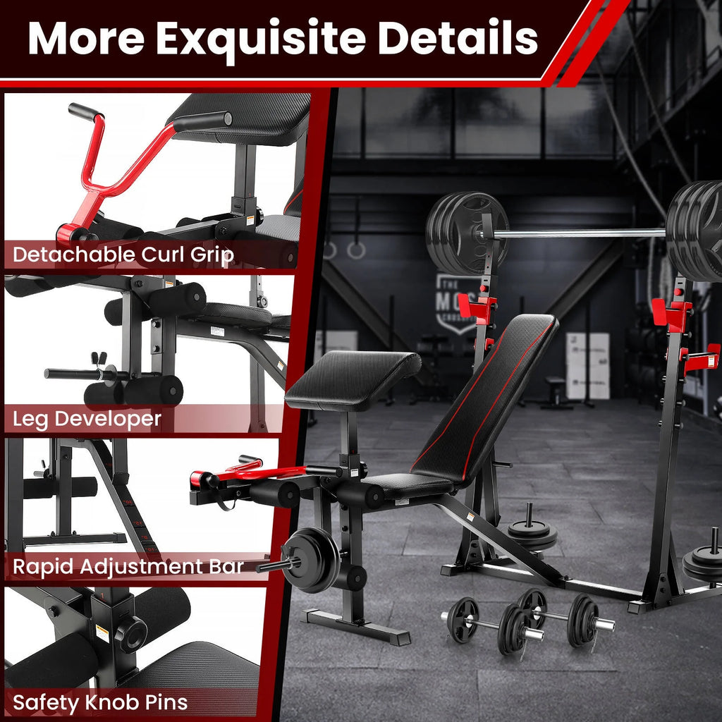 Olympic weight bench set with squat rack featuring detachable curl grip leg developer and safety knob pins
