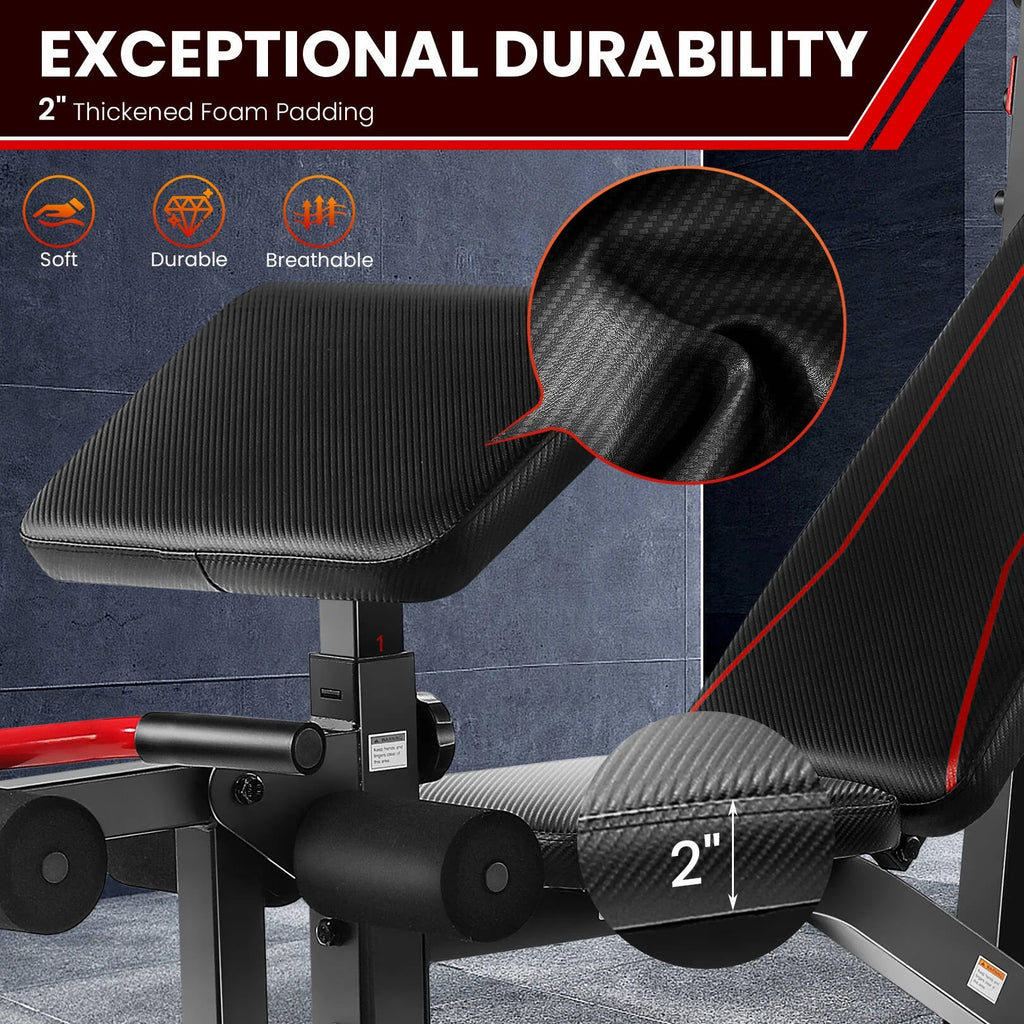 Close-up of thickened foam padding on Olympic weight bench set with squat rack showing soft durable breathable cushioning