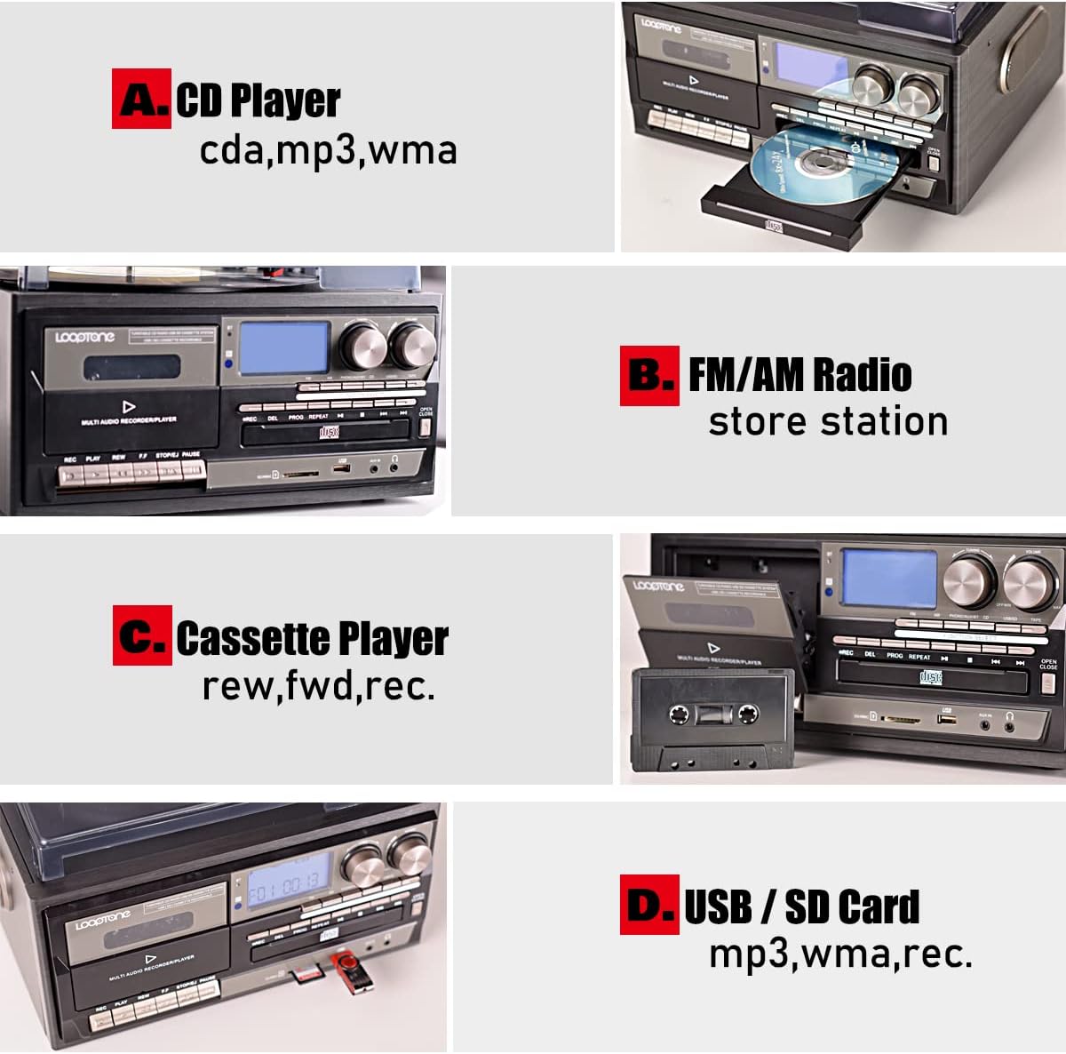 Vintage turntable with bluetooth featuring CD player, FM AM radio, cassette player, and USB SD card support