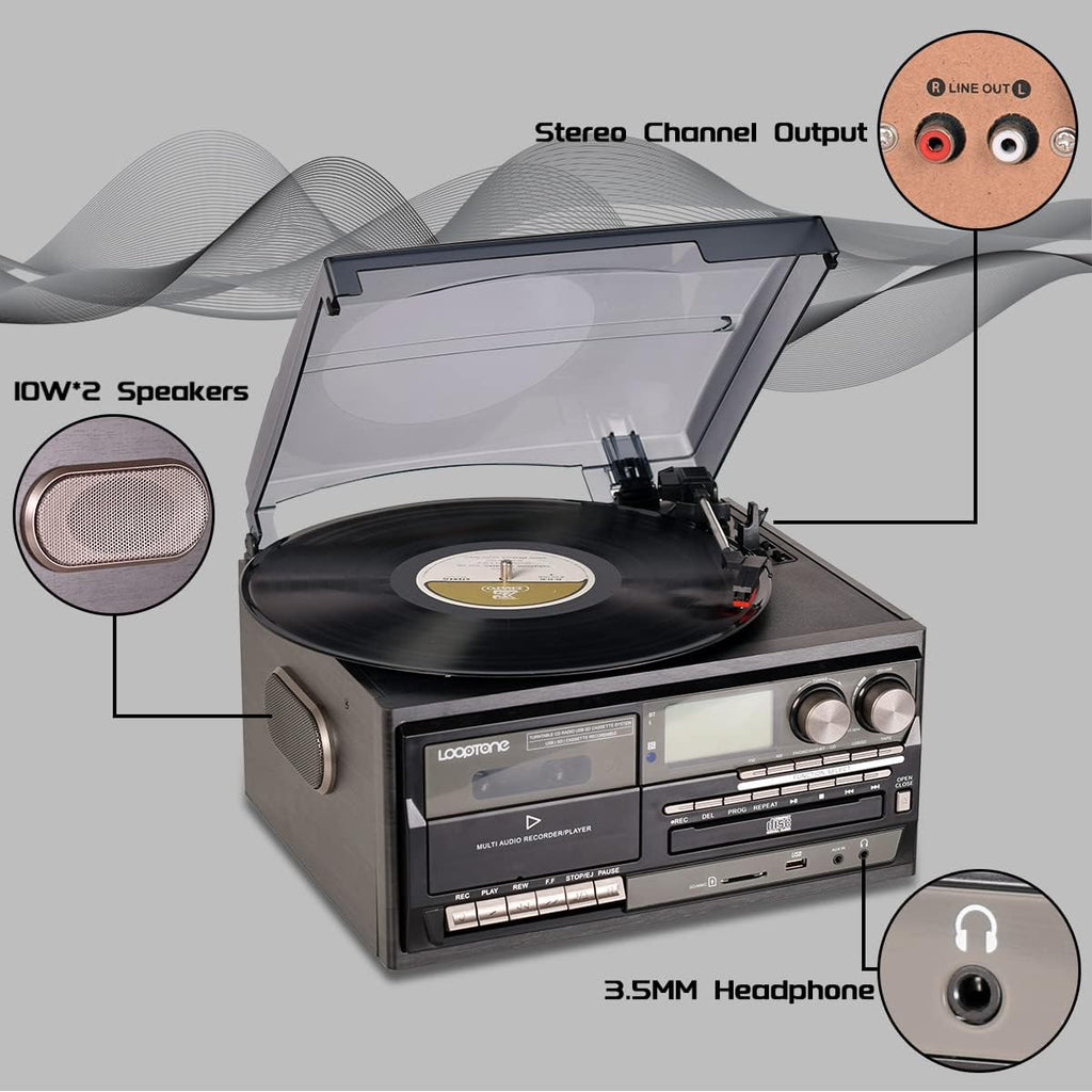 Craques vintage turntable with bluetooth featuring built-in 10W speakers, stereo output, and 3.5mm headphone jack