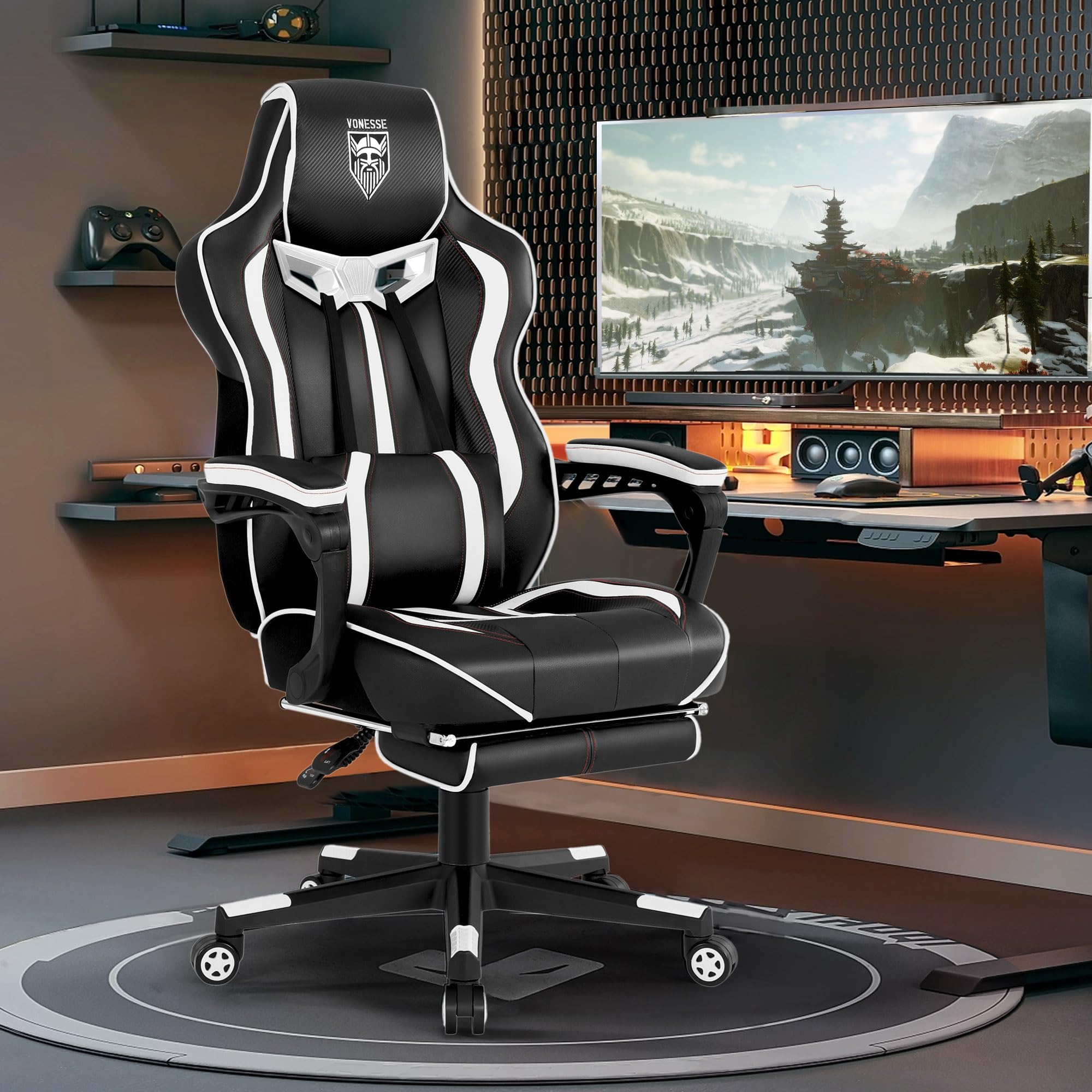 Vonesse Gaming Chair with Footrest by Craques - White & Pink