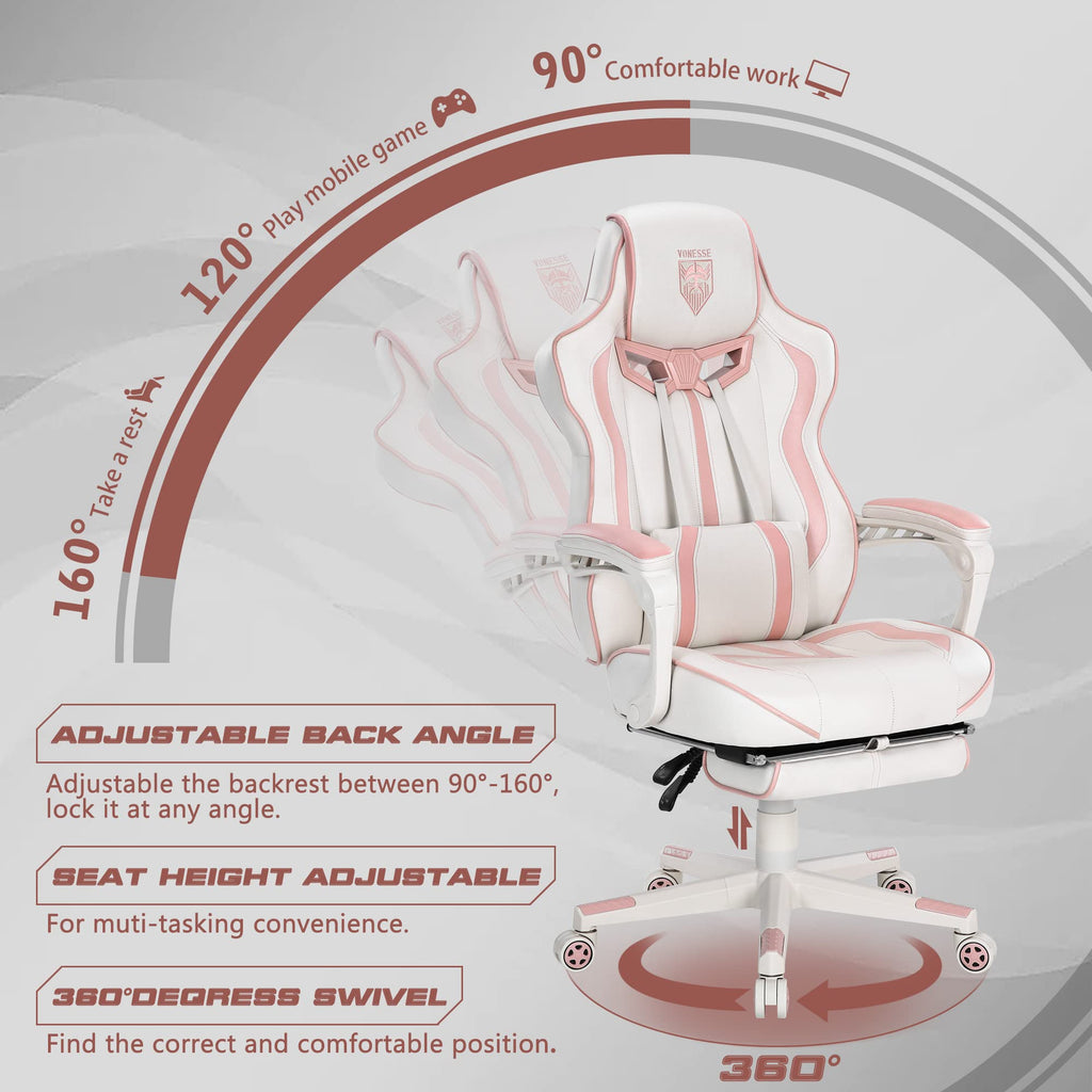 Vonesse Gaming Chair with Footrest by Craques - White & Pink
