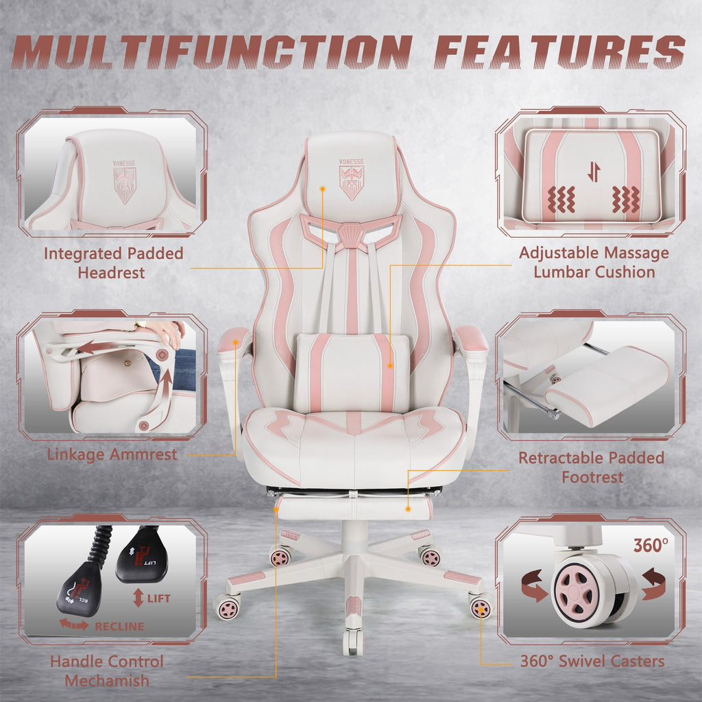 Vonesse Gaming Chair with Footrest by Craques - White & Pink