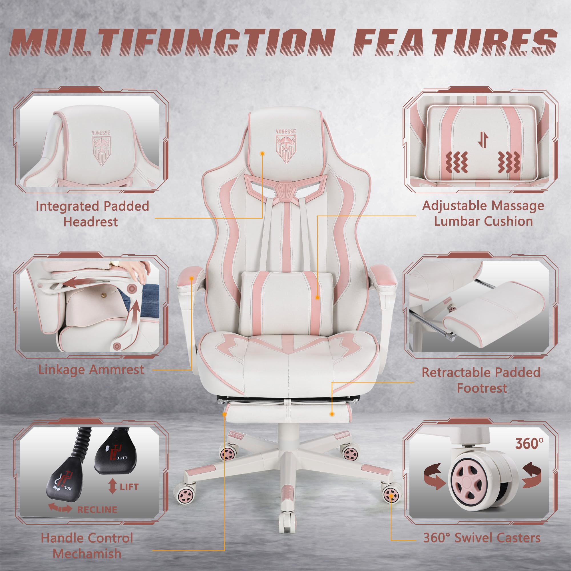 Vonesse Gaming Chair with Footrest by Craques - White & Pink