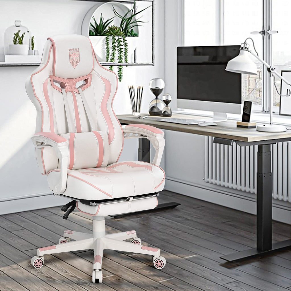 Vonesse Gaming Chair with Footrest by Craques - White & Pink