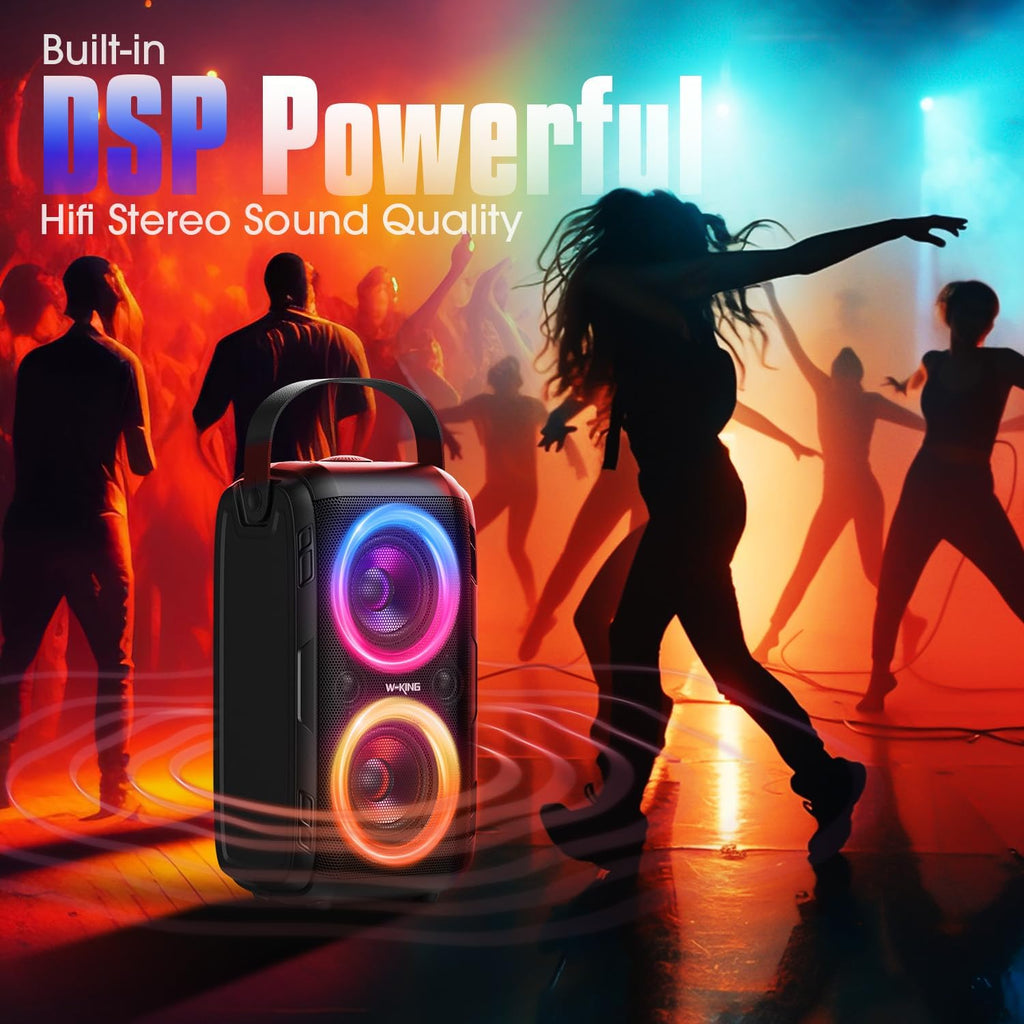 Craques portable party Bluetooth speaker with built-in DSP and colorful LED lights at a dance party