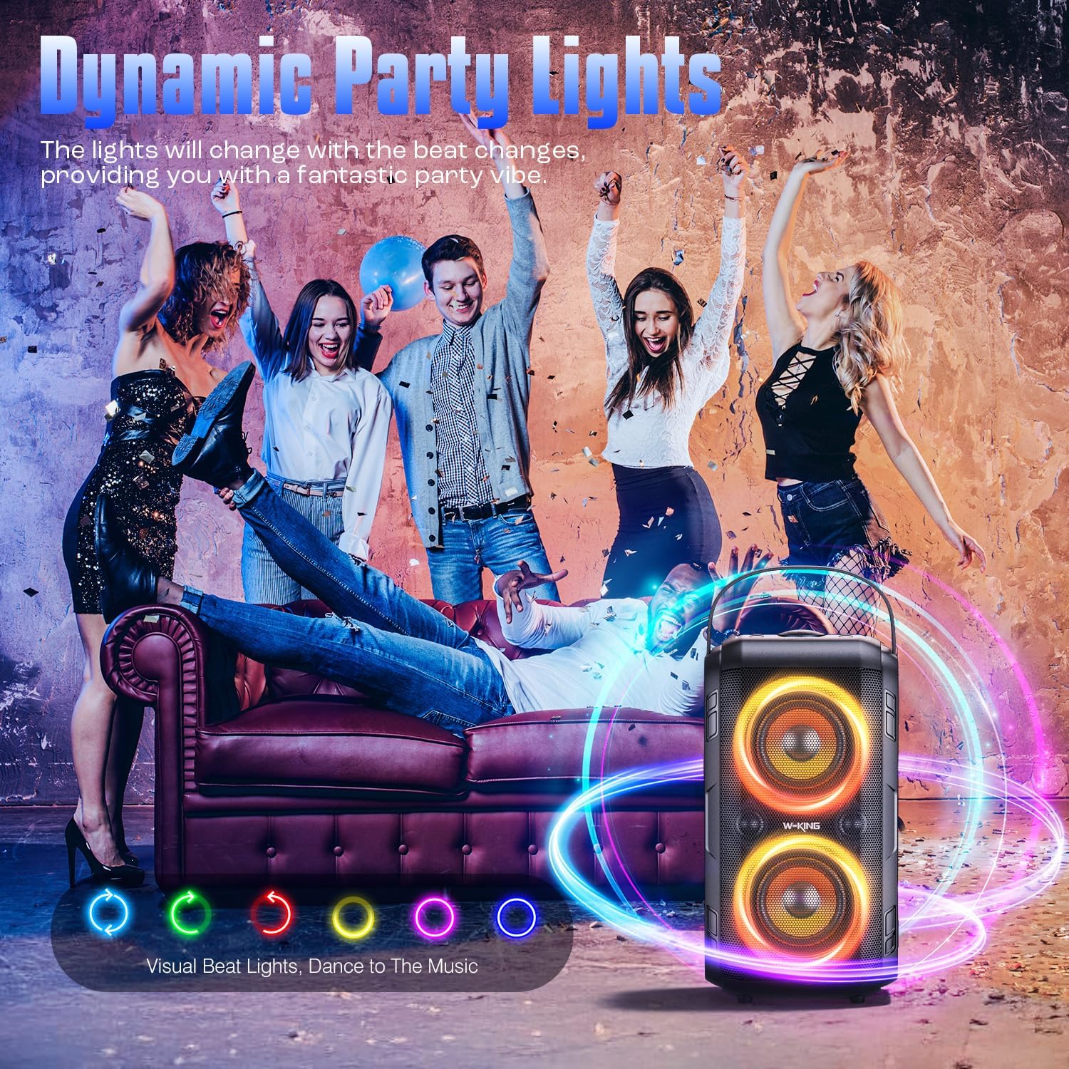 Craques portable party Bluetooth speaker with dynamic colorful lights and people dancing at a party