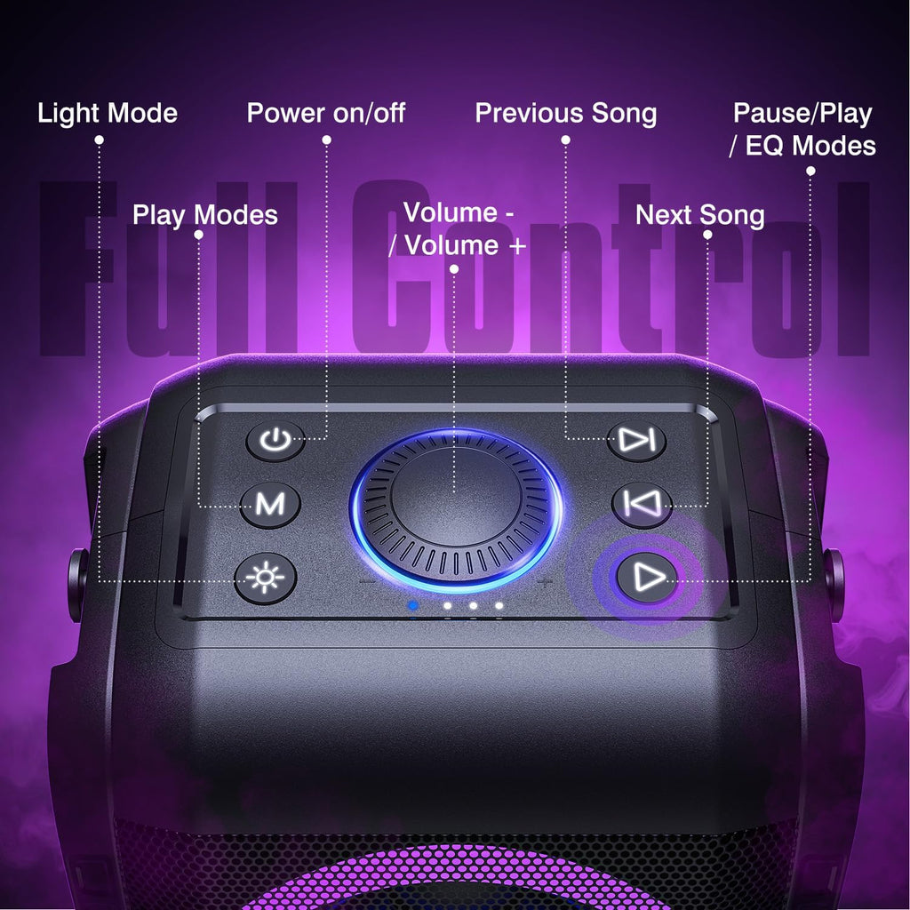 Craques portable party Bluetooth speaker top control panel with power, volume, play modes, and light mode buttons
