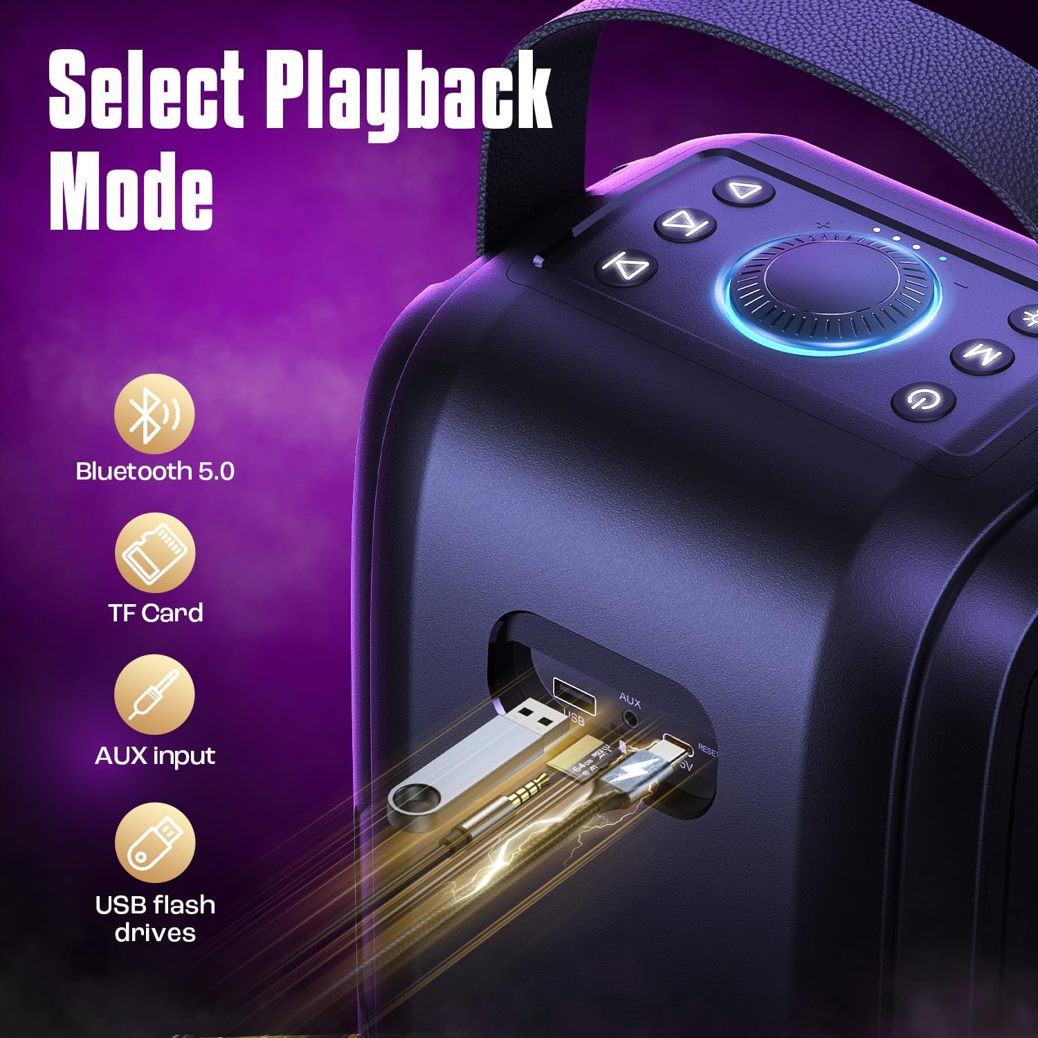 Craques portable party Bluetooth speaker showing Bluetooth 5.0 and multiple playback modes