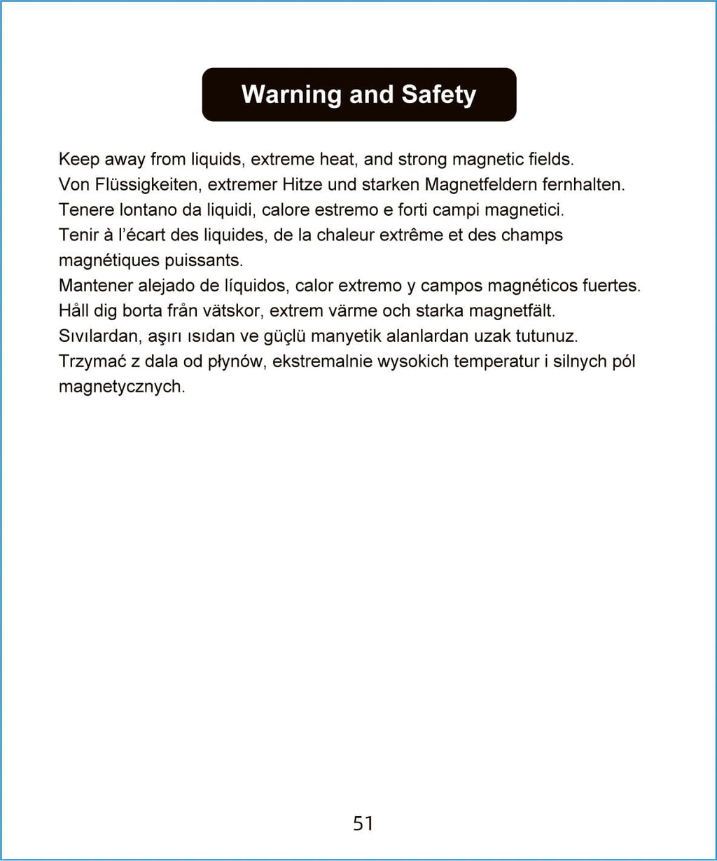 Warning and safety instructions for portable party Bluetooth speaker keeping it away from liquids heat and magnetic fields