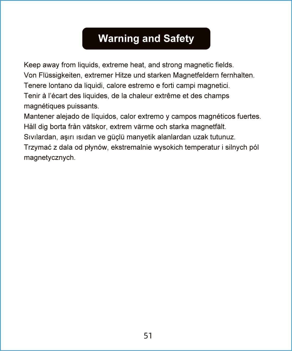 Warning and safety instructions for portable party Bluetooth speaker keeping it away from liquids heat and magnetic fields