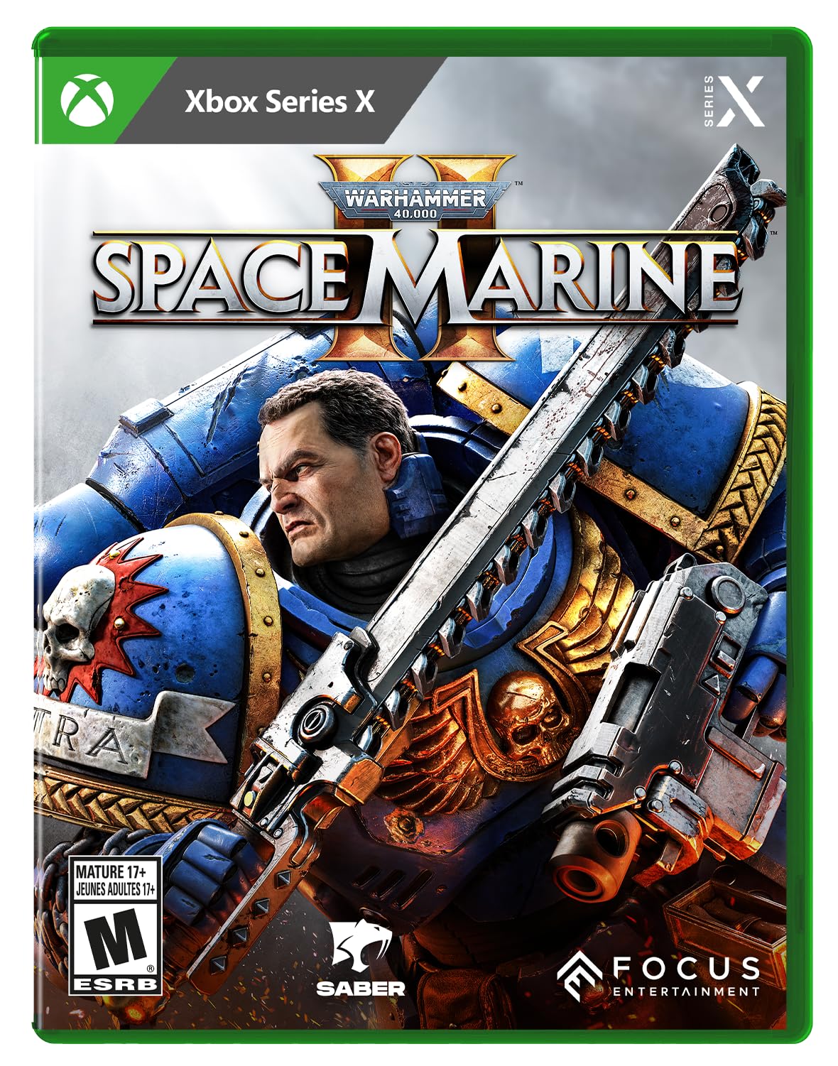 Warhammer 40000 Space Marine 2 PS5 game cover featuring armored Space Marine with weapons on Xbox Series X
