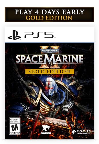 Warhammer 40000 Space Marine 2 PS5 Gold Edition video game cover with armored Space Marine character