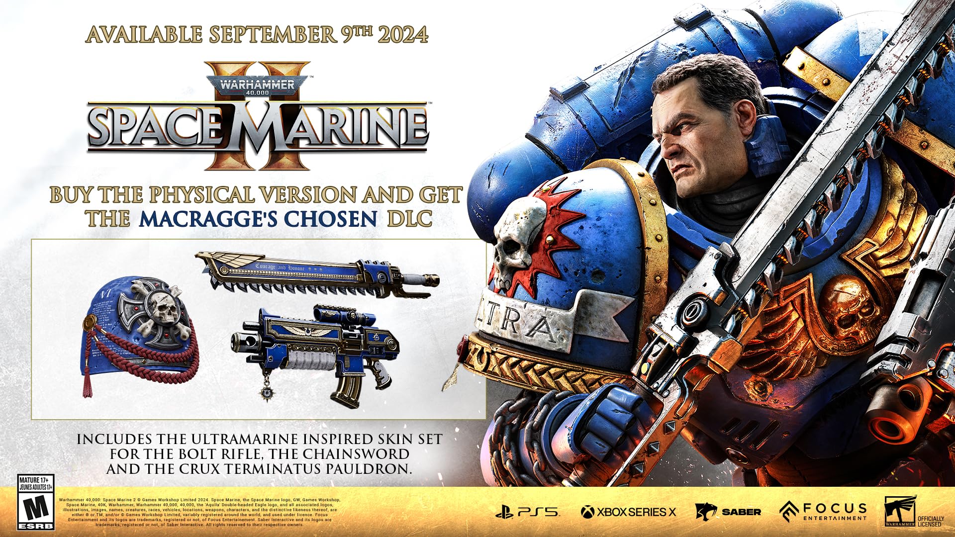 Warhammer 40000 Space Marine 2 PS5 physical edition with Ultramarine inspired skin set including bolt rifle and chainsword