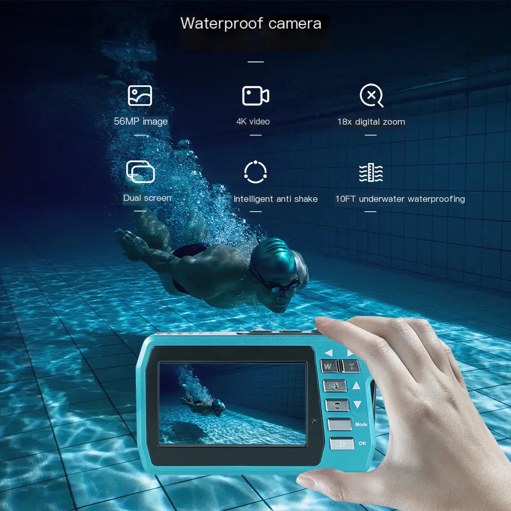 Waterproof 4K digital camera capturing a swimmer underwater with dual screen and 18x digital zoom