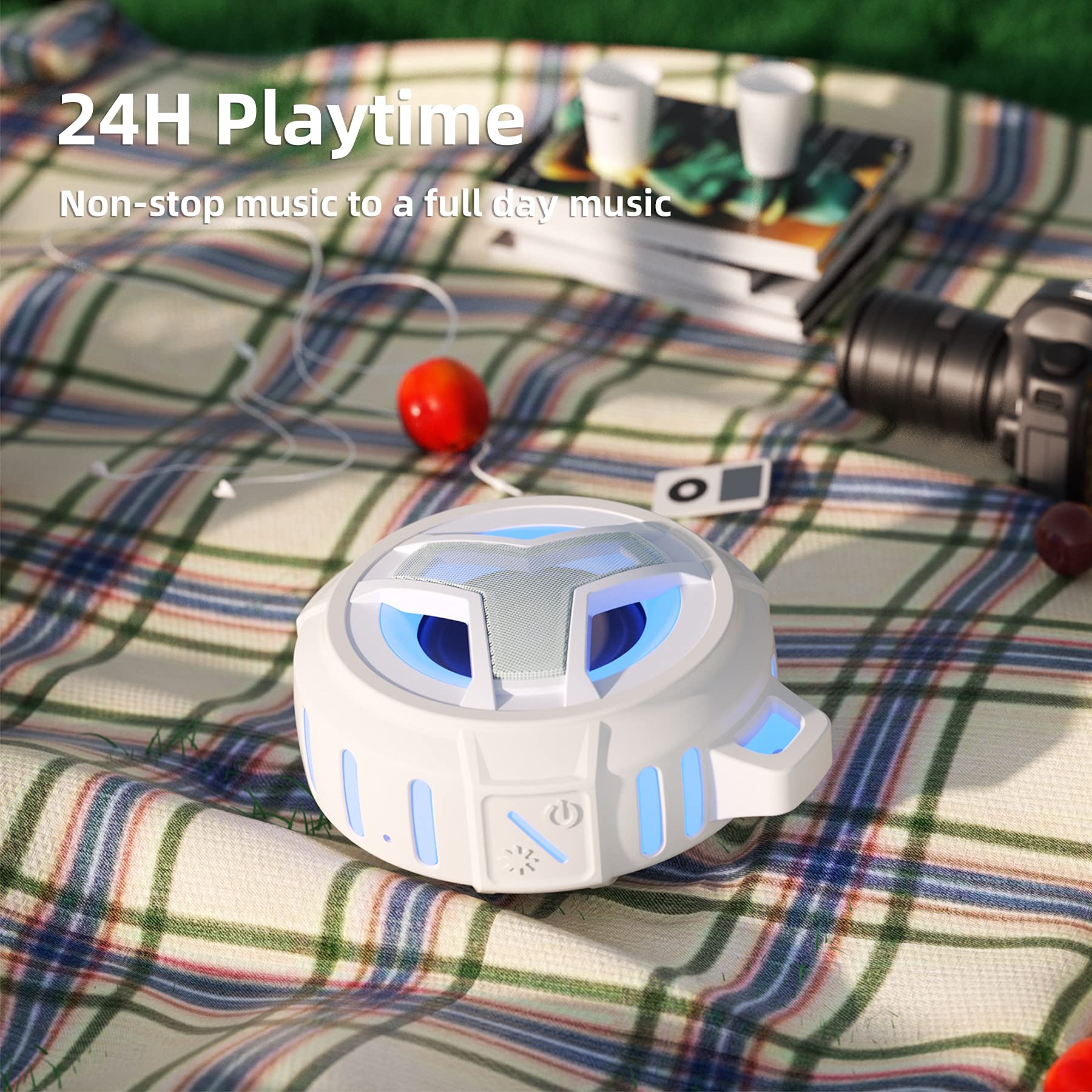 craques waterproof Bluetooth shower speaker with 24H playtime and futuristic white design on plaid blanket