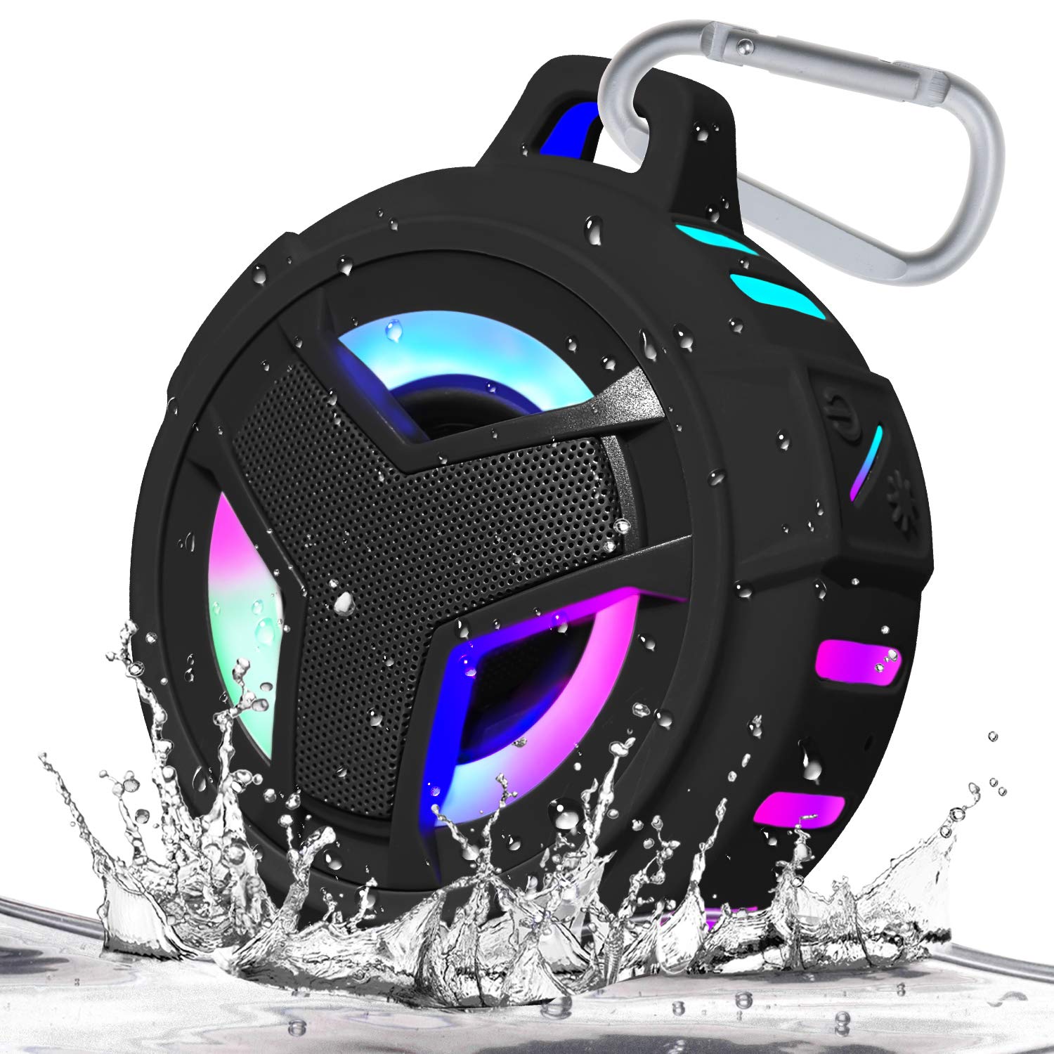 craques waterproof Bluetooth shower speaker with colorful LED lights and carabiner clip splashing in water