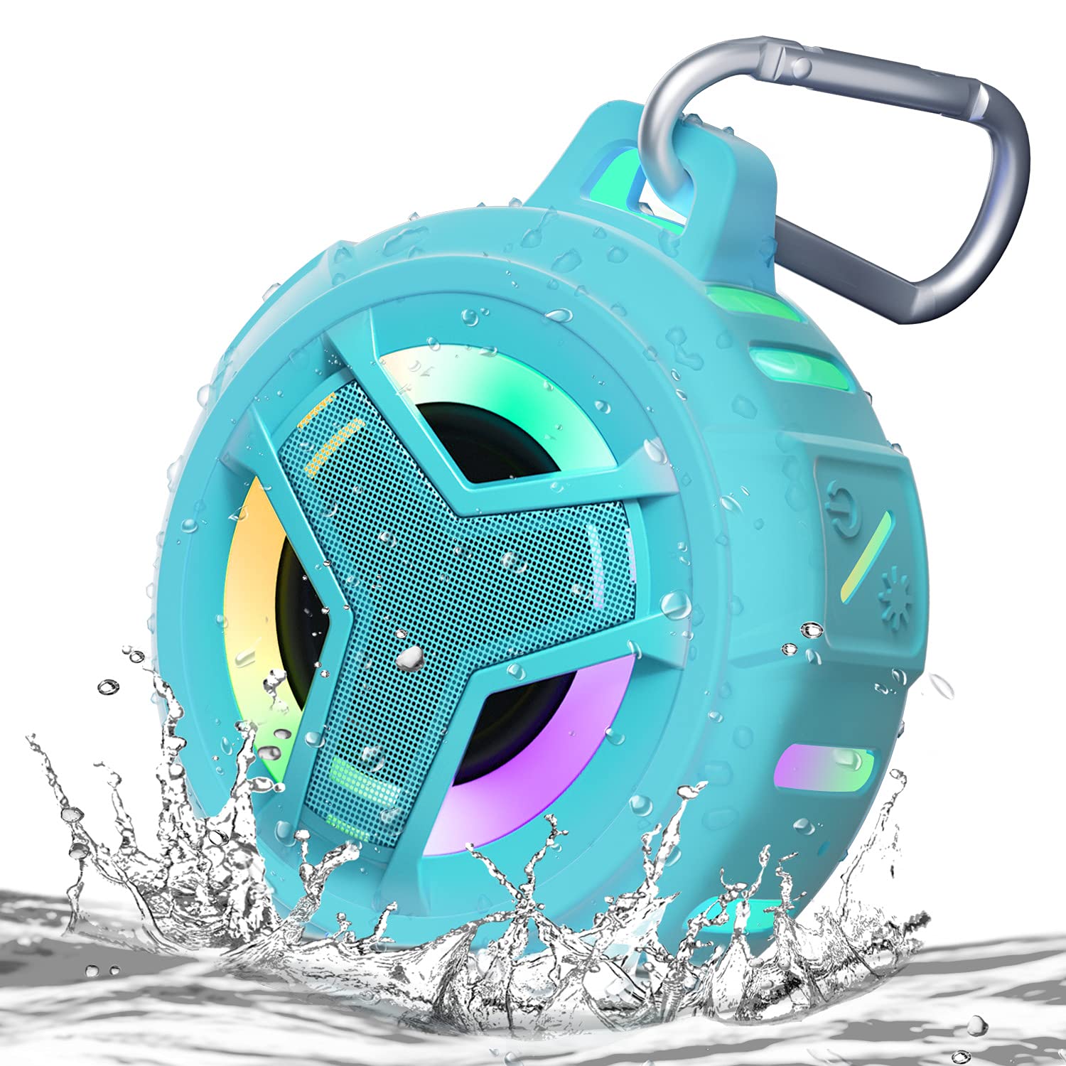 Craques waterproof Bluetooth shower speaker in blue with LED lights and carabiner clip splashing in water