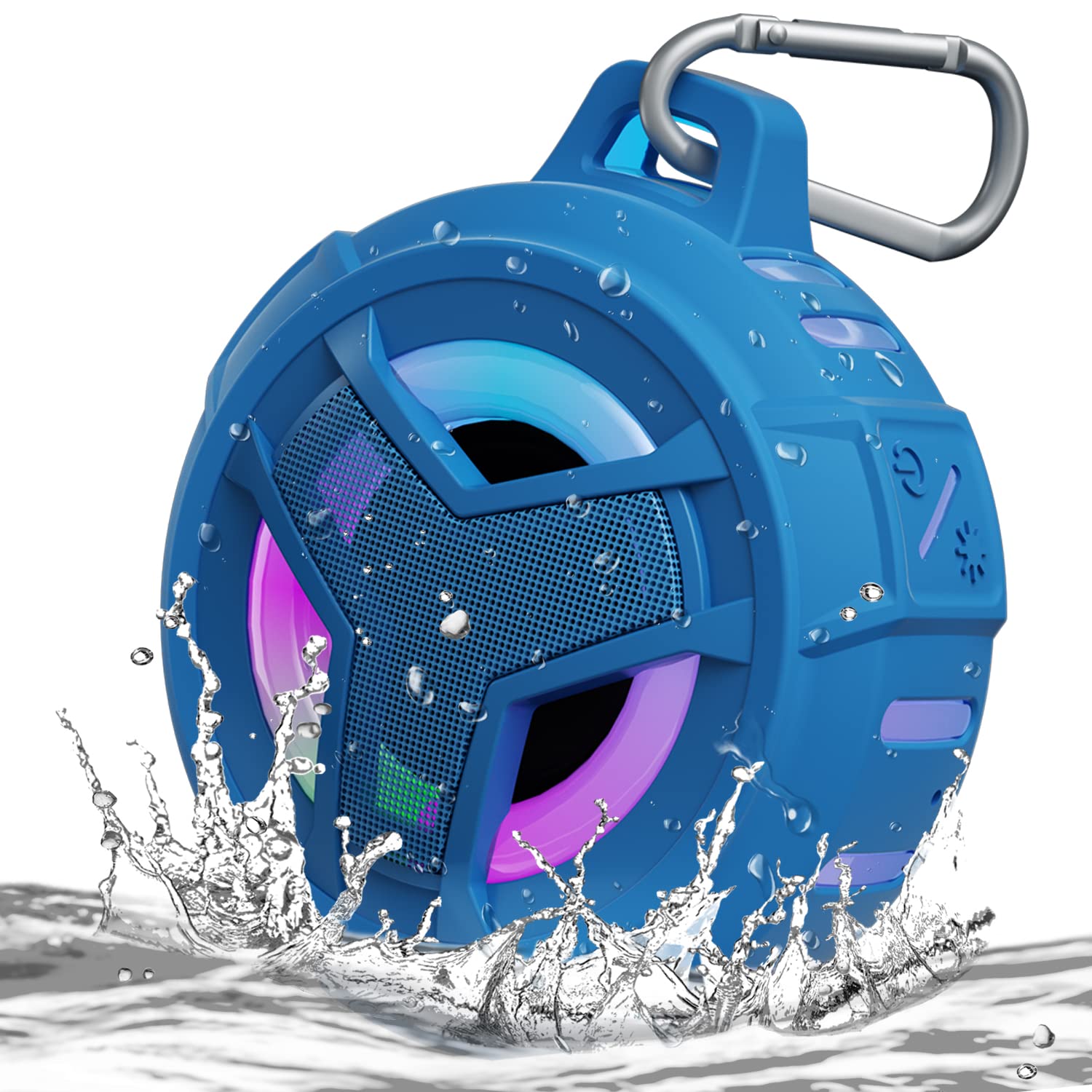 Blue craques waterproof Bluetooth shower speaker with carabiner clip splashing in water