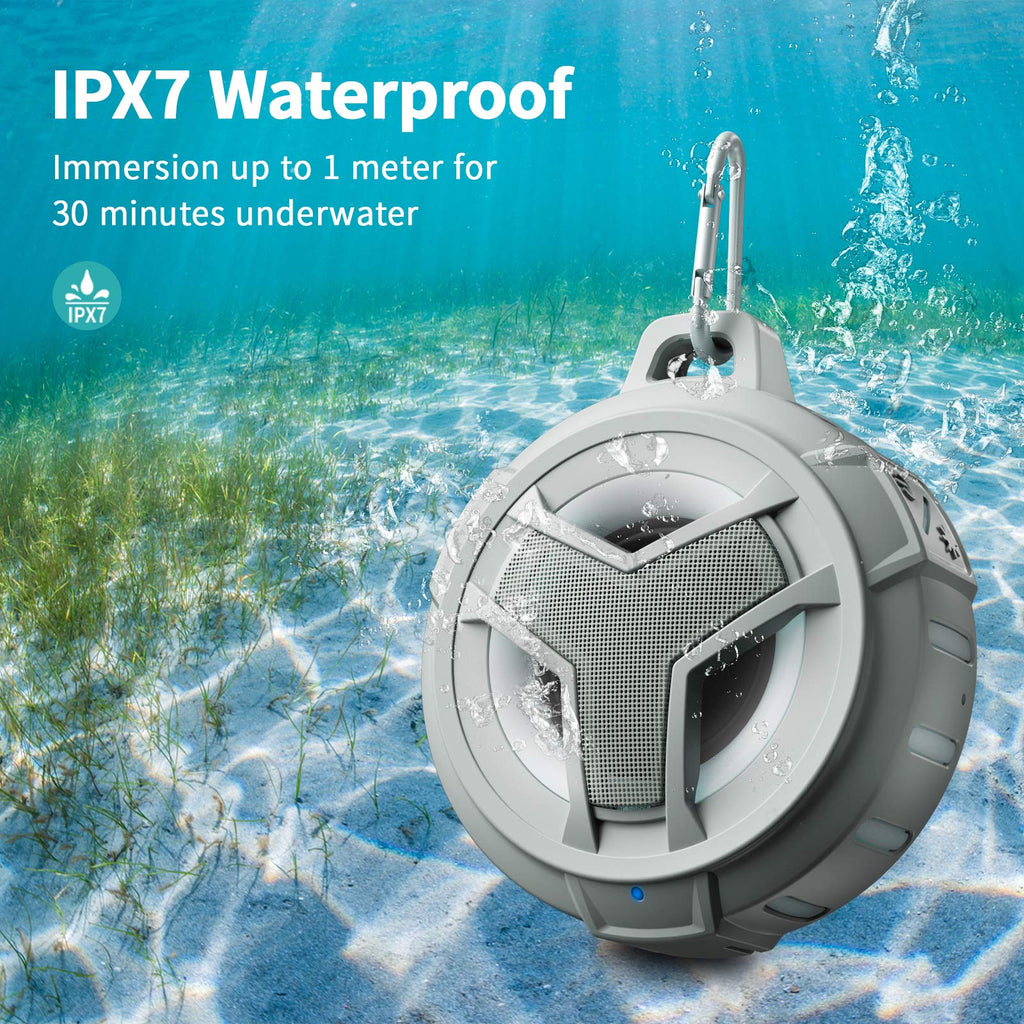 Waterproof Bluetooth shower speaker by craques with IPX7 rating submerged underwater with carabiner clip