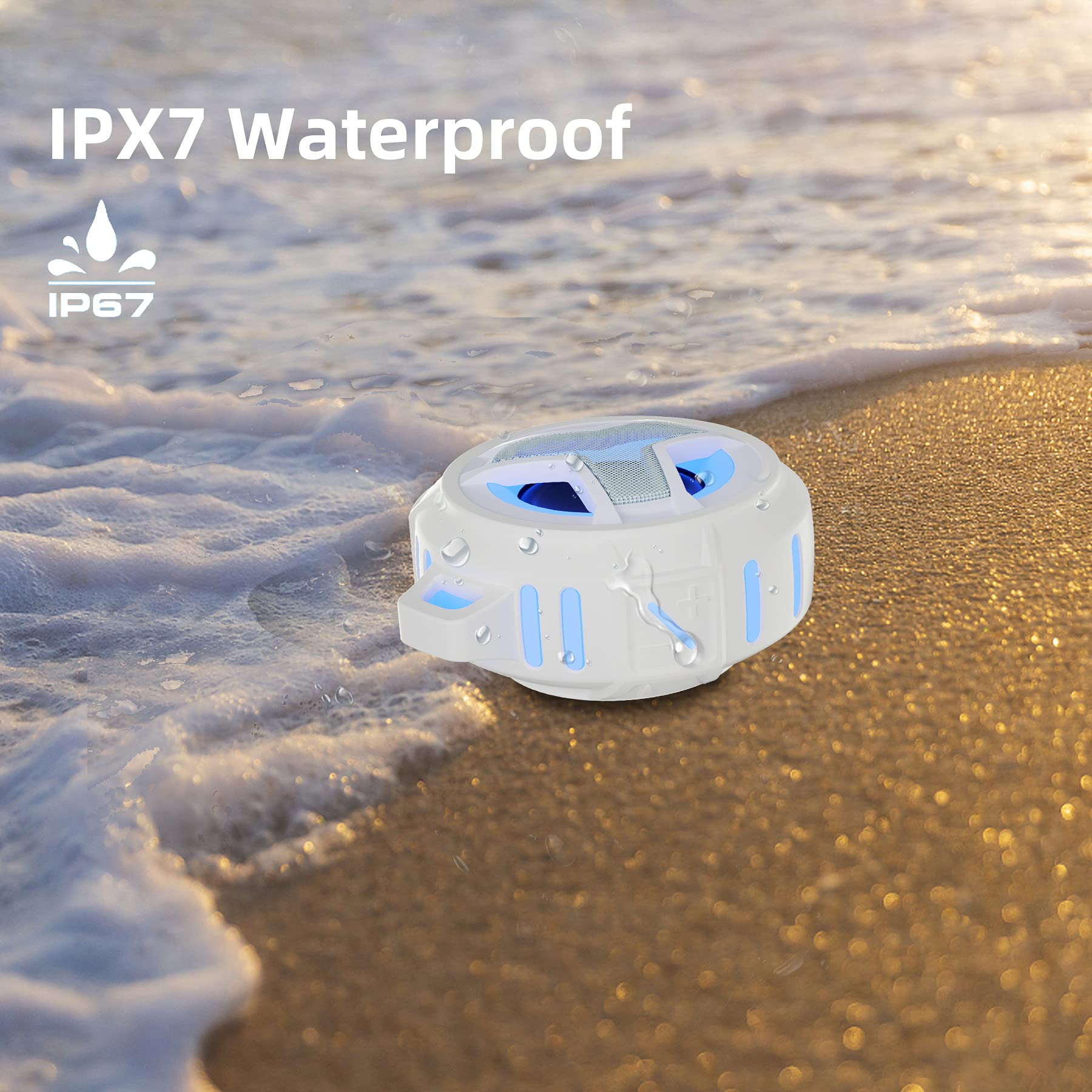 Craques waterproof Bluetooth shower speaker in white on wet sandy beach with ocean waves and IPX7 rating