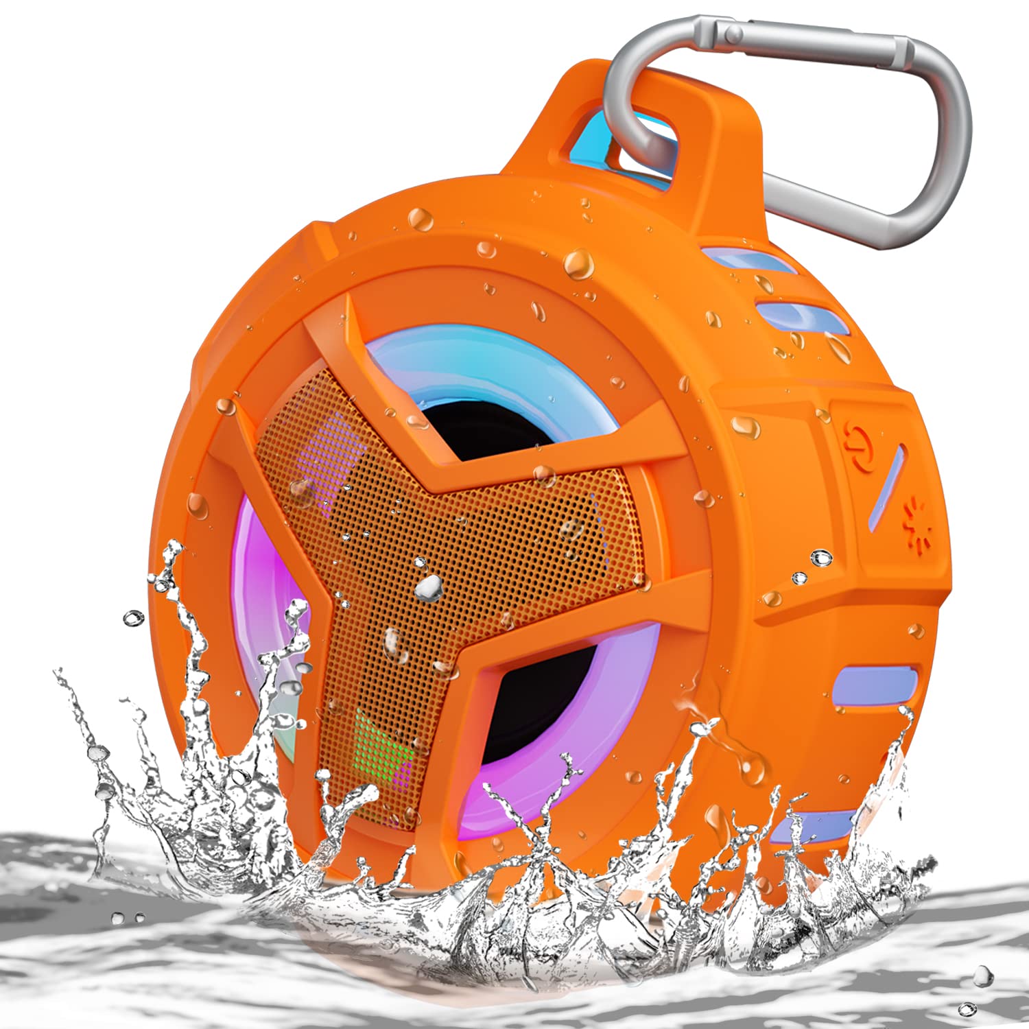 Orange waterproof Bluetooth shower speaker by craques with carabiner clip and splash water effect