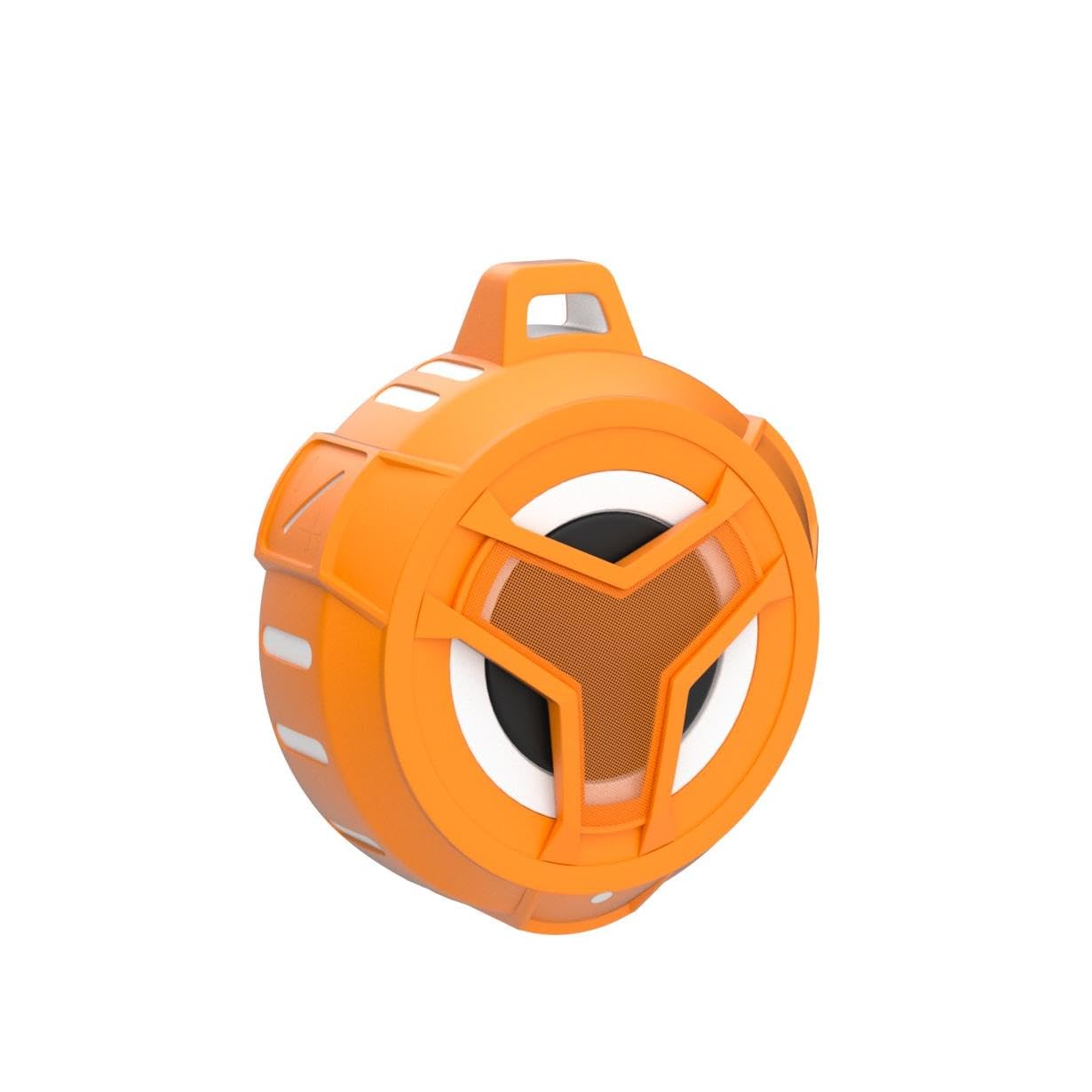 Orange waterproof Bluetooth shower speaker by craques with compact round design and hanging loop
