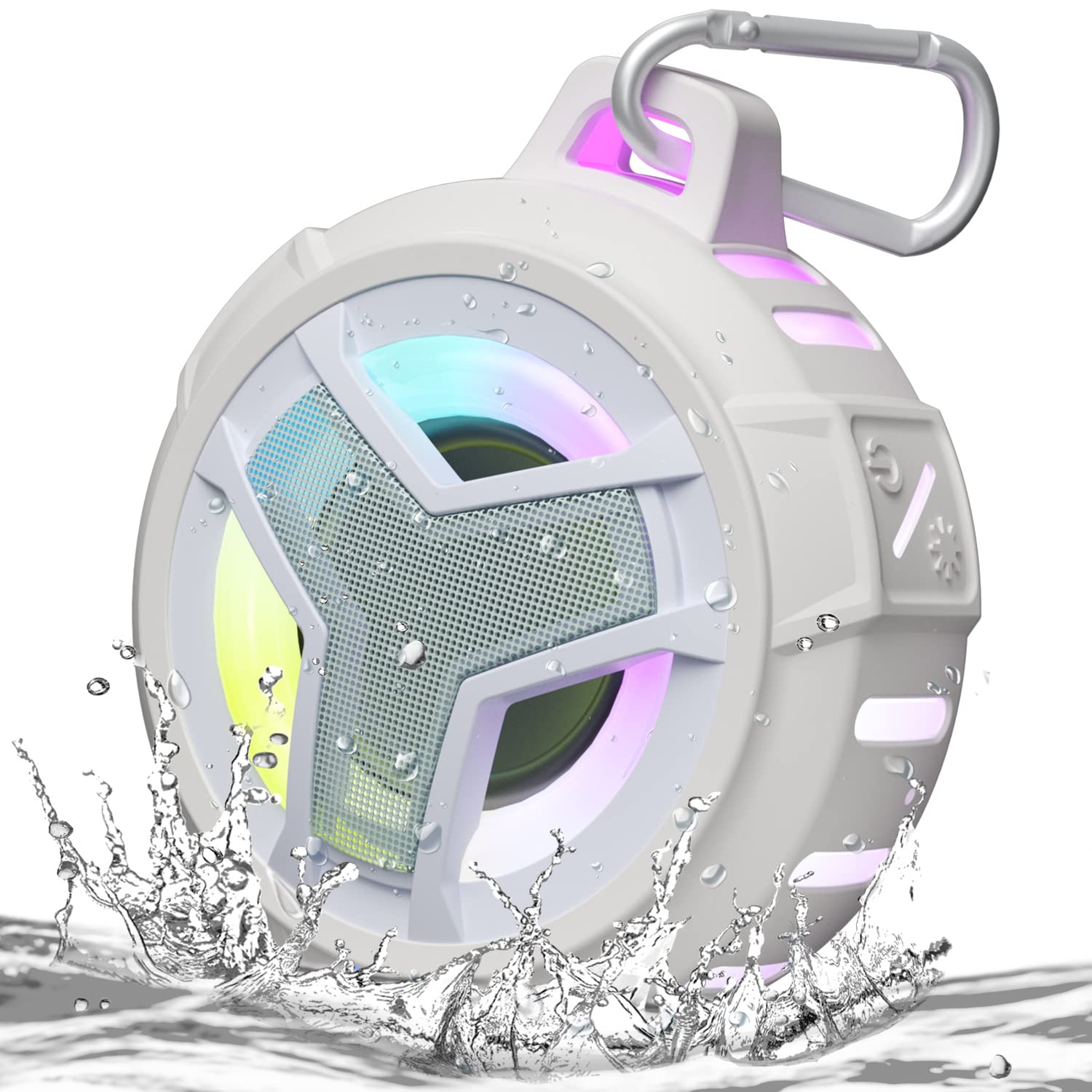 Craques waterproof Bluetooth shower speaker in white with colorful LED lights and carabiner clip